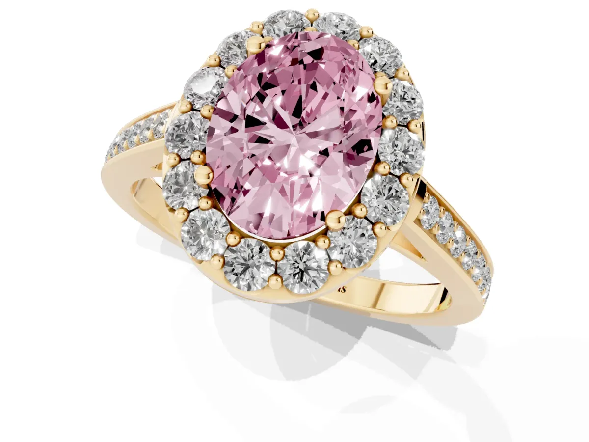 Fancy Pink Oval Cut Diamond Floral Halo Ring with Pavé Band and Prong Setting Yellow gold