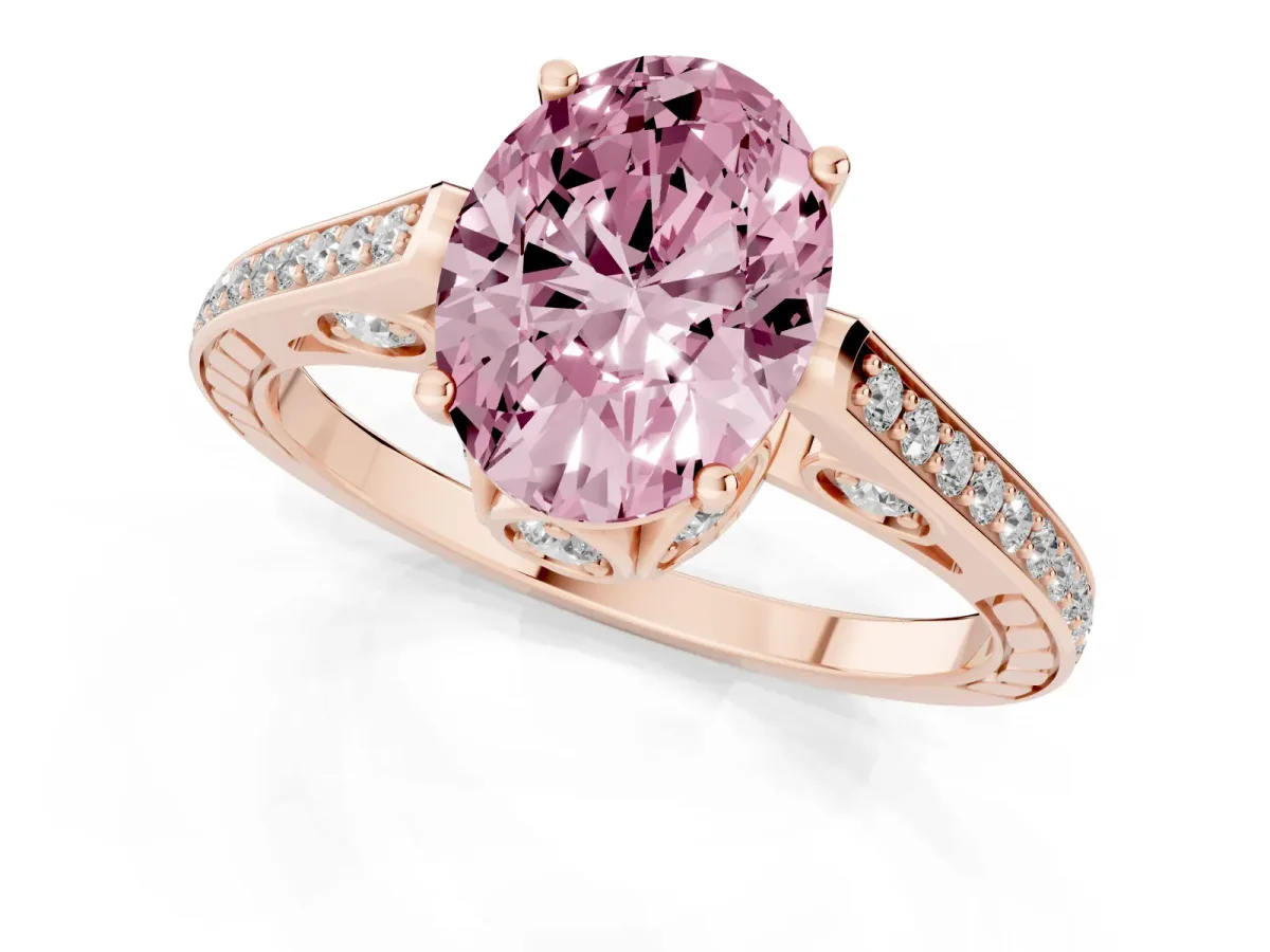 Fancy Pink Oval Cut Cut Cathedral Pave Diamond Engagement Ring with Six-Prong Setting Rose gold
