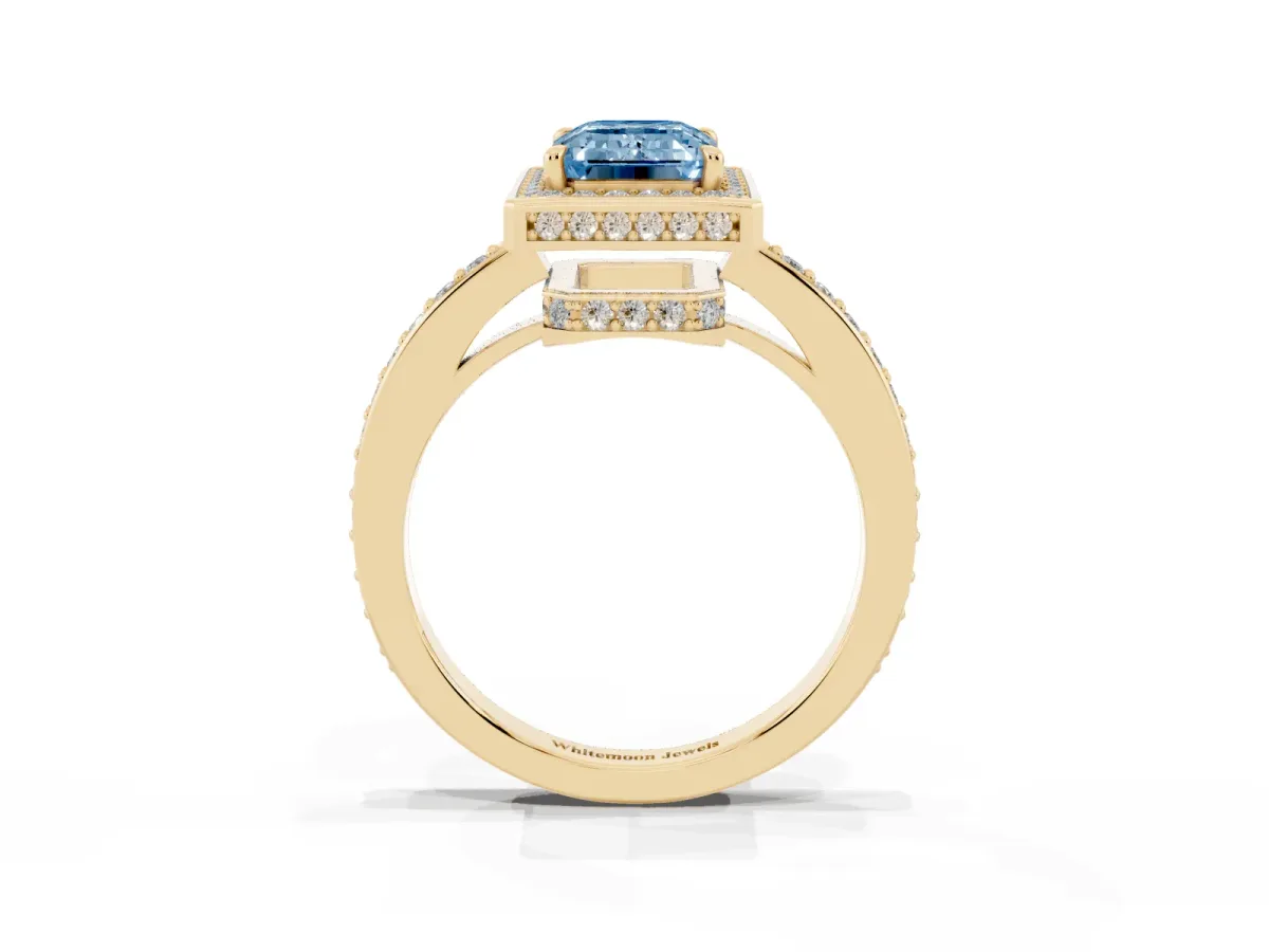 Fancy Blue Emerald Cut Halo Pave Band Solitaire Ring with Prong Setting Yellow gold