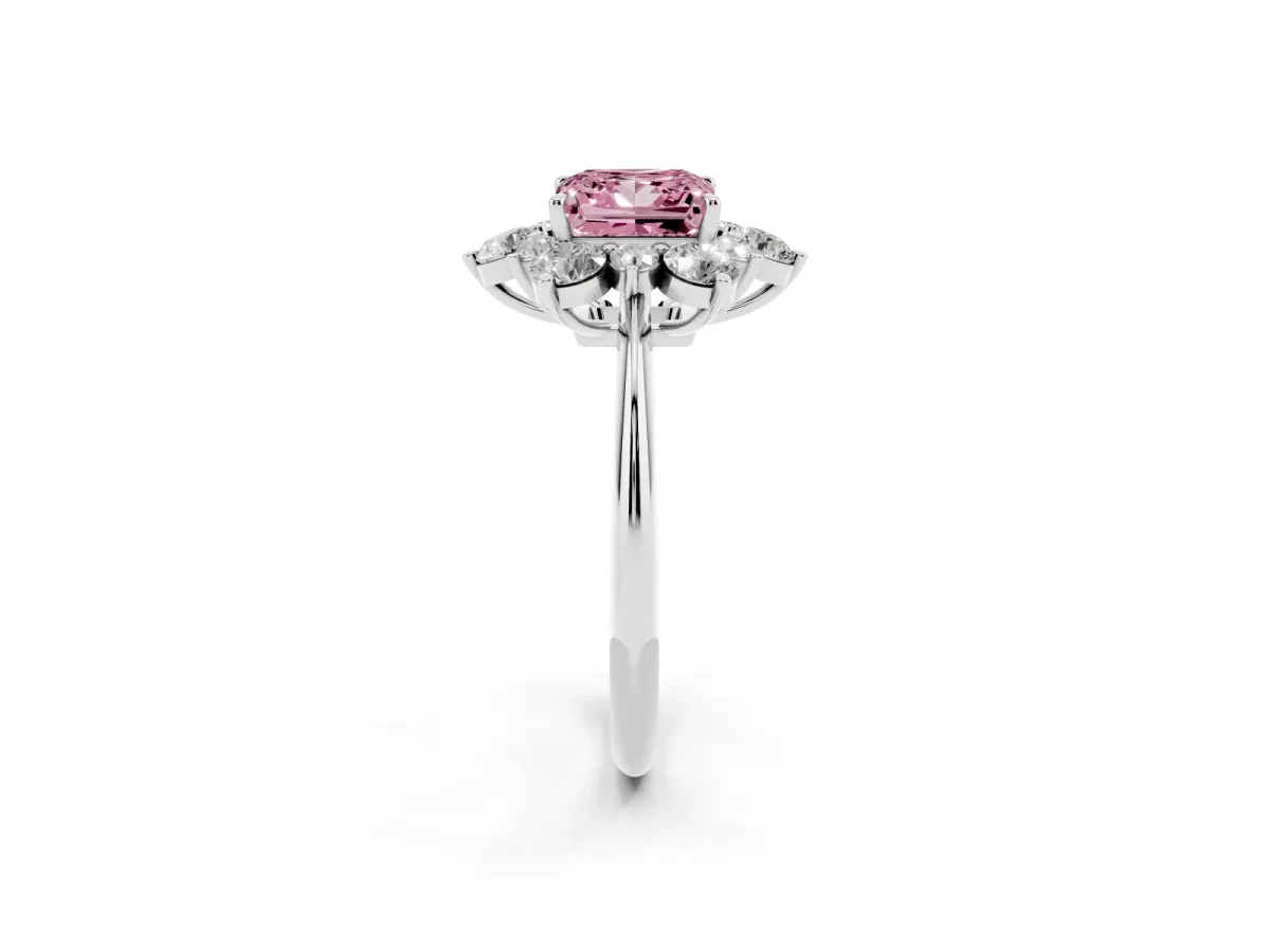 Fancy Pink Princess Cut Diamond Cluster Halo Ring with Solitaire Band and Four-Prong Setting Platinum