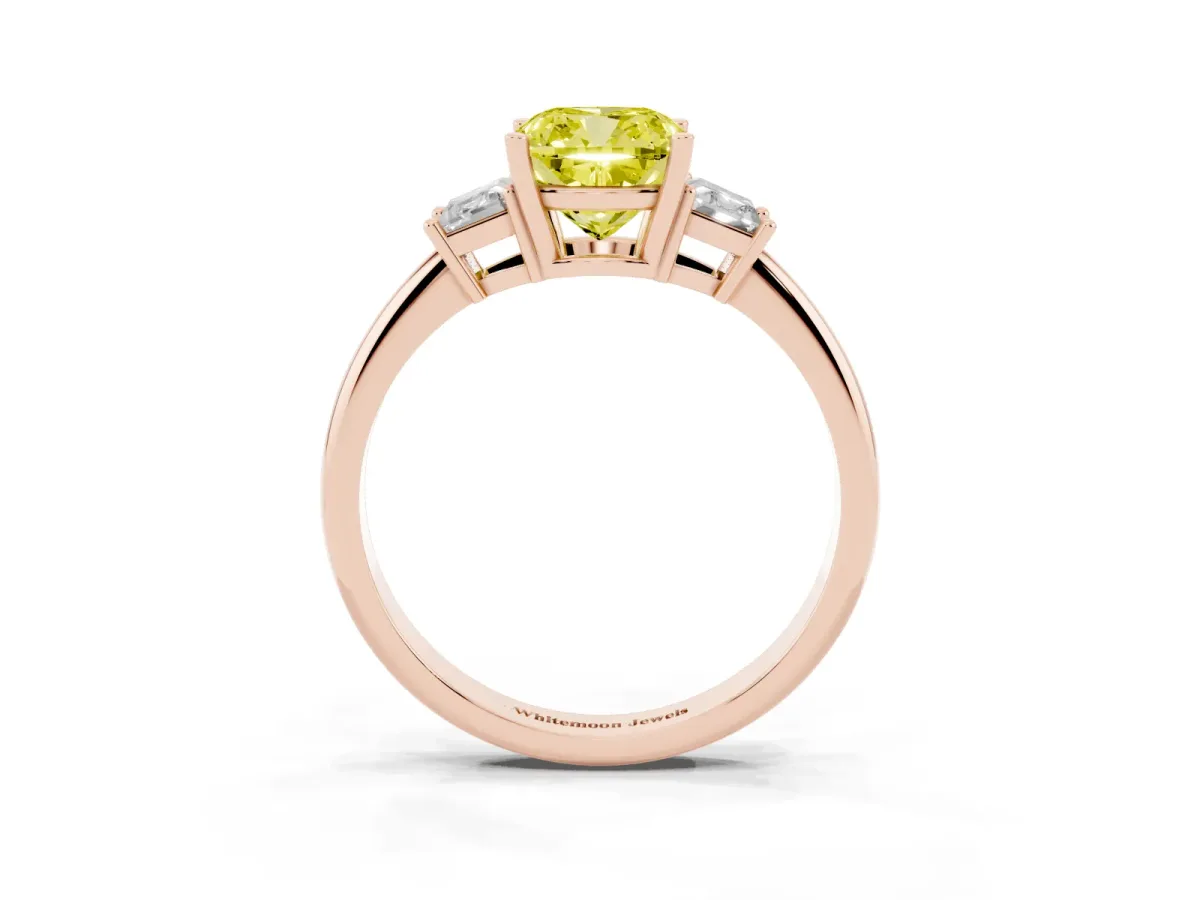 Fancy Yellow Cushion Cut Diamond Three-Stone Ring with Trapezoid Side Stones and Prong Setting Rose gold