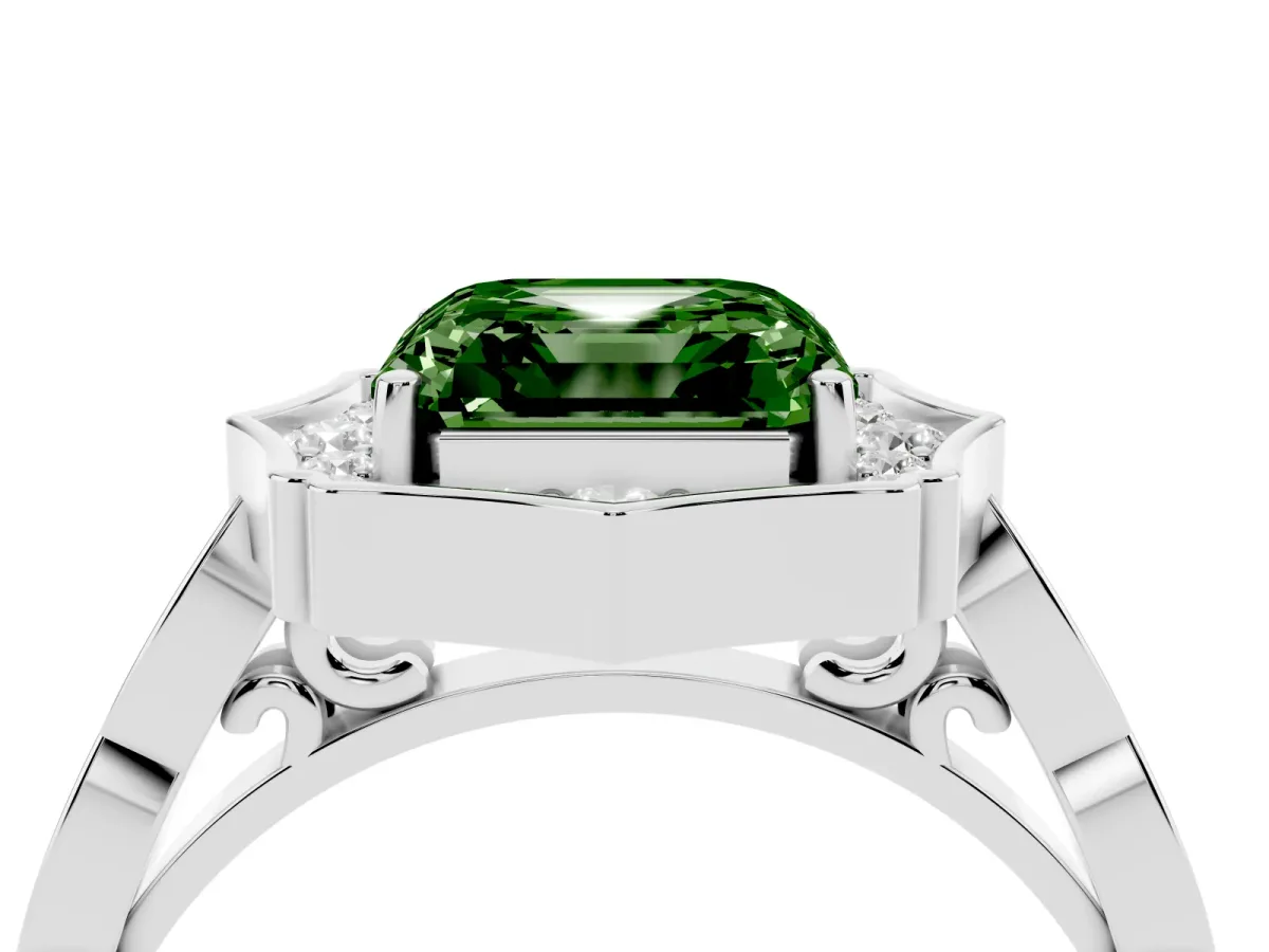 Fancy Green Asscher Cut Halo Diamond Engagement Ring with Milgrain Band and Four-Prong Setting Platinum