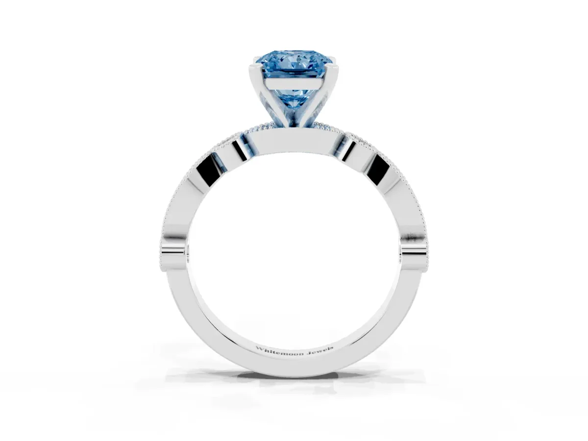 Fancy Blue Radiant Cut Milgrain Bezel Diamond Engagement Ring with Solitaire Prong Setting Silver