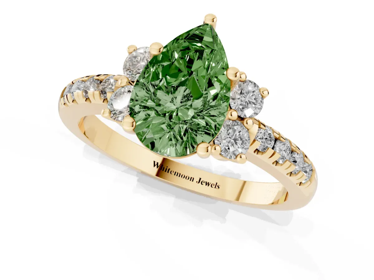 Fancy Green Pear Cut Diamond Three-Stone Pave Band with Four-Prong Setting Yellow gold