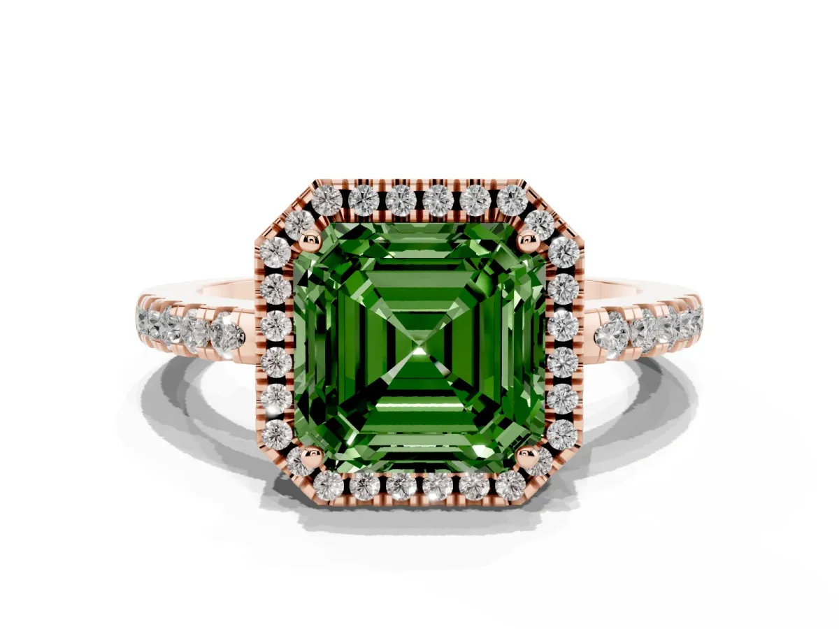 Fancy Green Asscher Cut Halo Diamond Engagement Ring with Pavé Band and Four-Prong Setting Rose gold