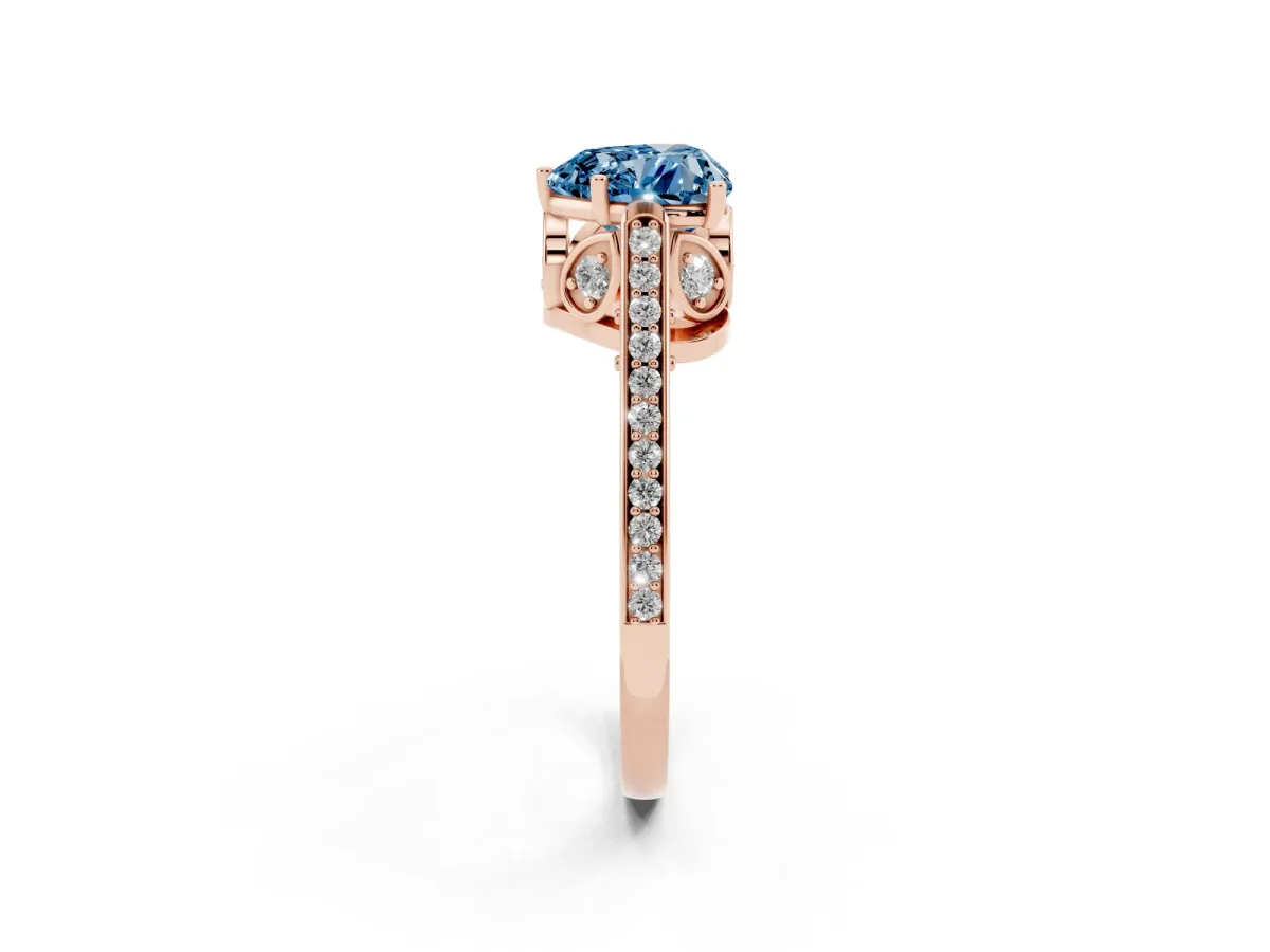Fancy Blue Heart Cut Cut Cathedral Pave Diamond Engagement Ring with Six-Prong Setting Rose gold
