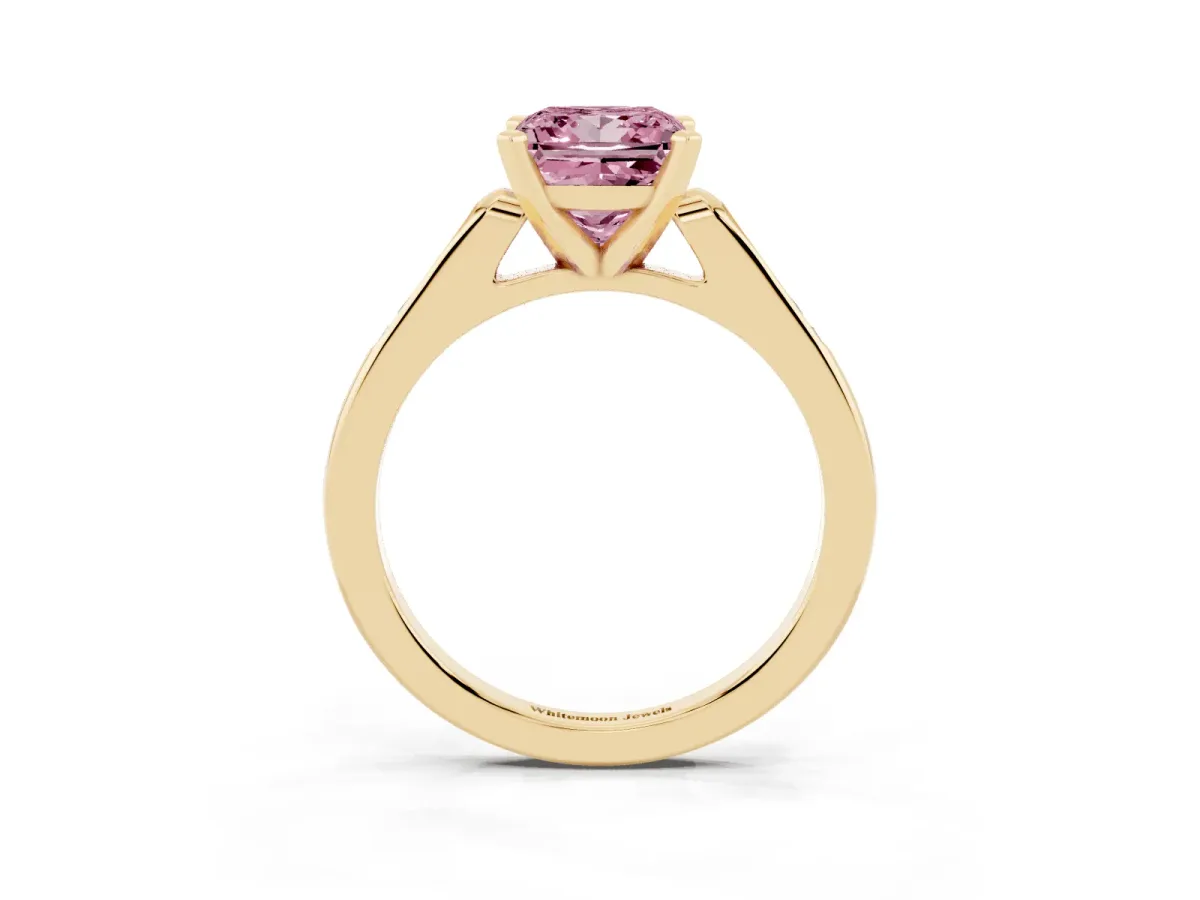 Fancy Pink Princess Cut Diamond Solitaire Ring with Channel Set Round Band and Prong Setting Yellow gold