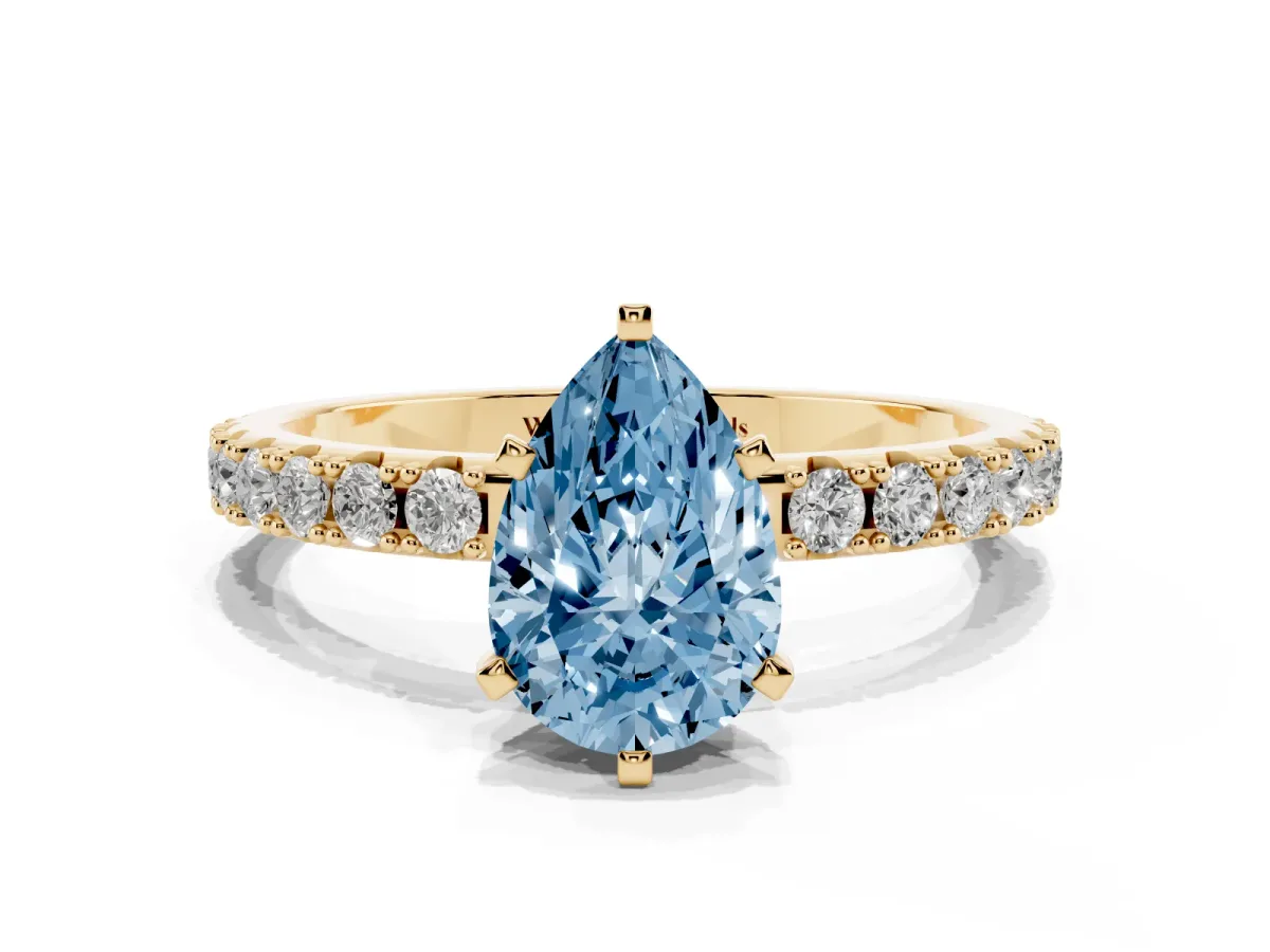 Fancy Blue Pear Cut Diamond Solitaire Pavé Band with Four-Prong Setting Yellow gold