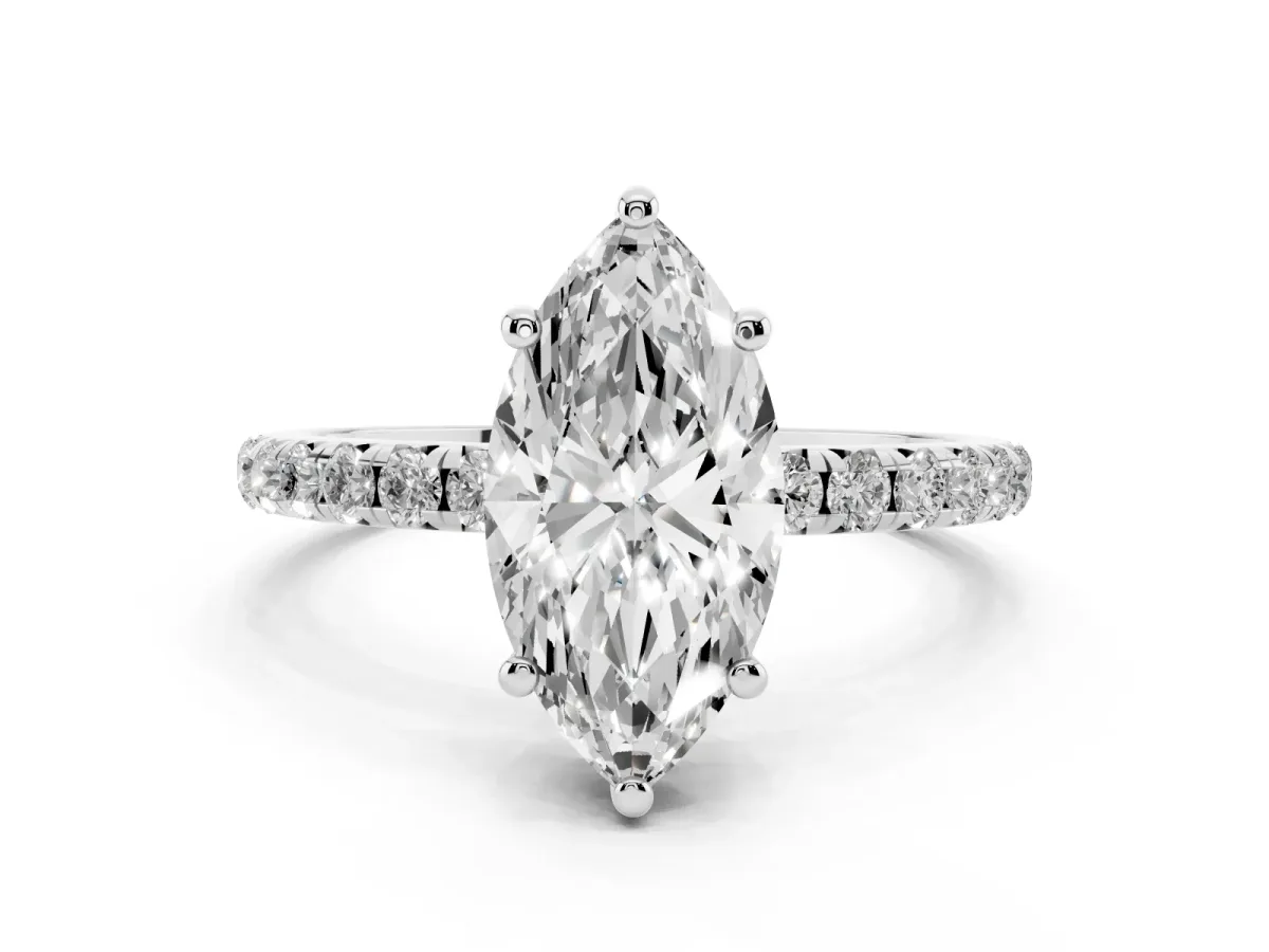 Marquise Cut Cut Diamond Solitaire Ring with Micro Pave Band and Four Prong Setting Silver