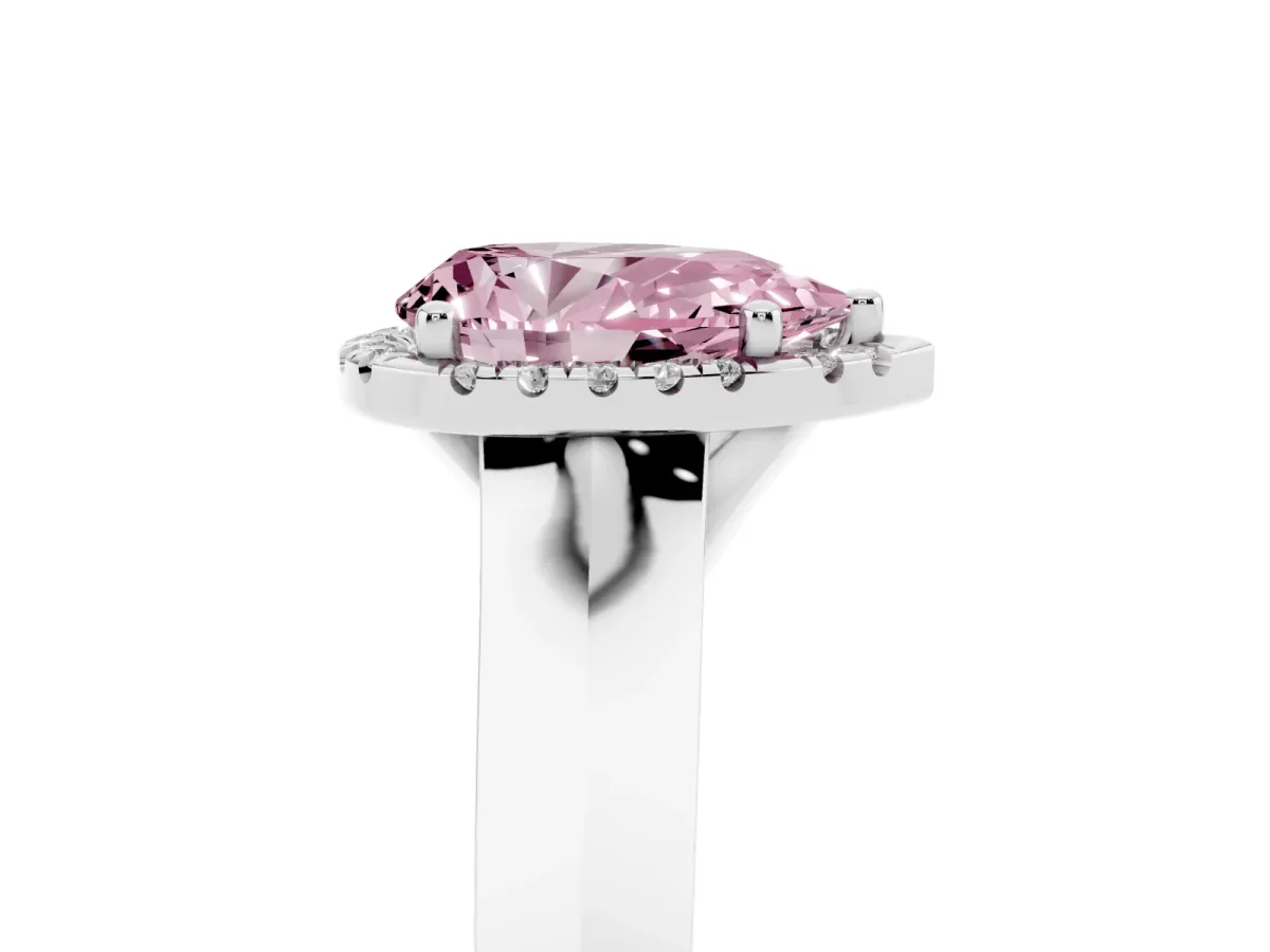 Fancy Pink Pear Cut Halo Diamond Ring with Cathedral Band and Four-Prong Setting Silver