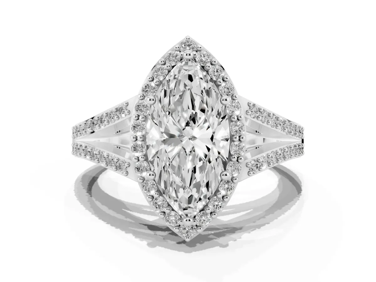 Marquise Cut Halo Split Shank Pave Diamond Ring with Four-Prong Setting Silver