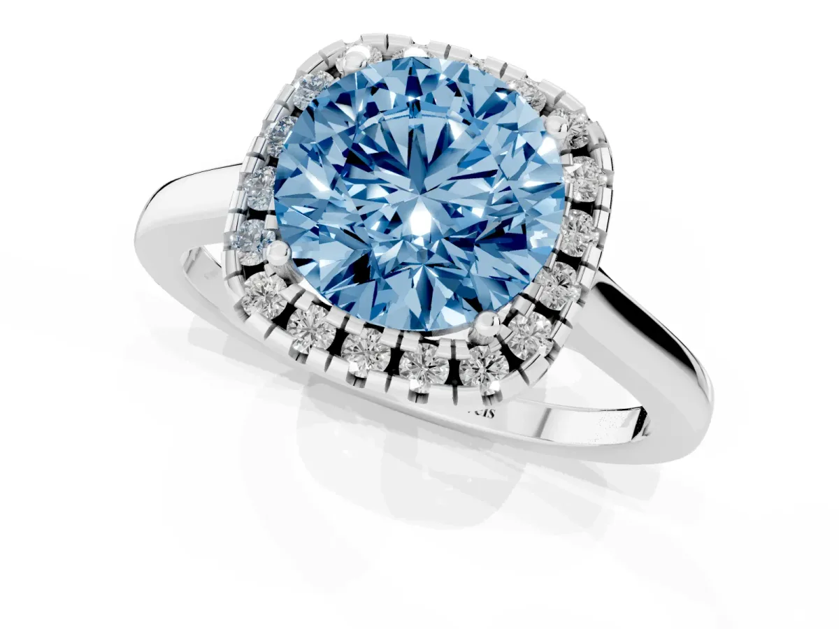 Fancy Blue Round Cut Halo Round Diamond Solitaire Ring with Pavé Band and Four-Prong Setting Silver