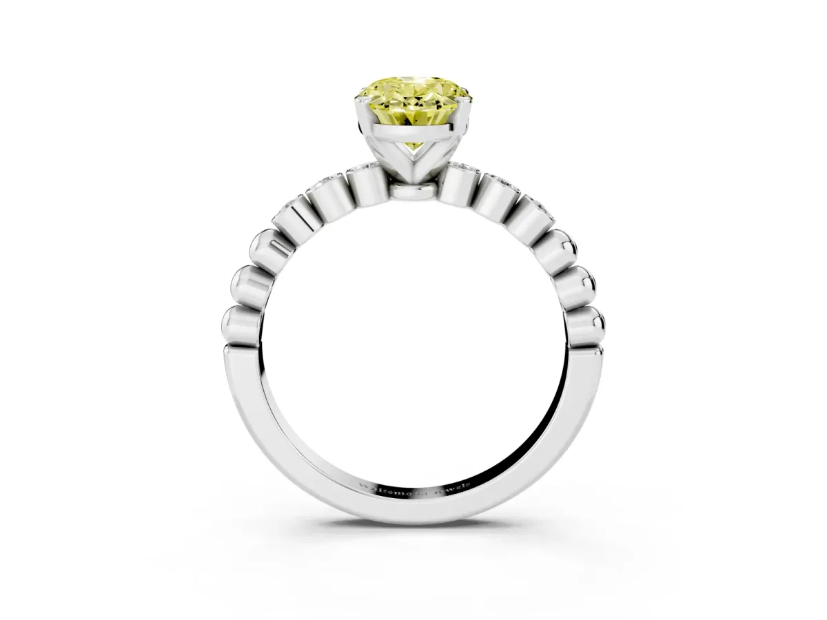Fancy Yellow Oval Cut Solitaire Bezel Accent Diamond Engagement Ring with Beaded Band and Four-Prong Setting Silver