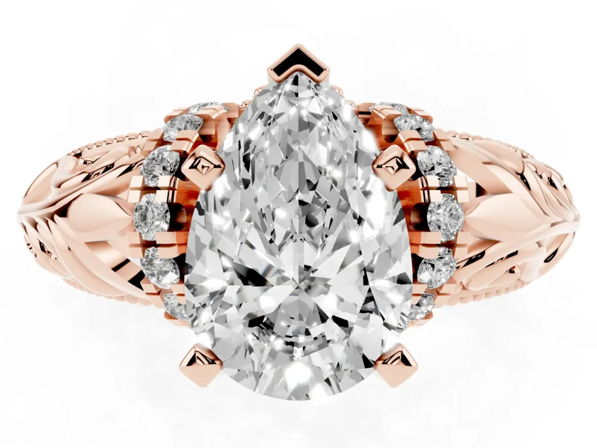 Pear Cut Solitaire Filigree Engagement Ring with Halo and Prong Setting Rose gold