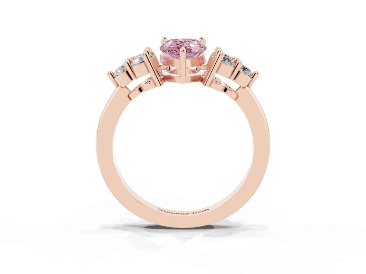 Fancy Pink Pear Cut Brilliant Diamond Cluster Accent Solitaire Ring with Prong Setting Rose gold