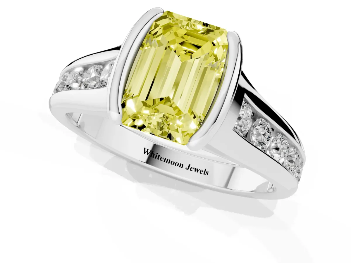 Fancy Yellow Emerald Cut Solitaire Bezel-Set Diamond Ring with Channel-Set Band Platinum