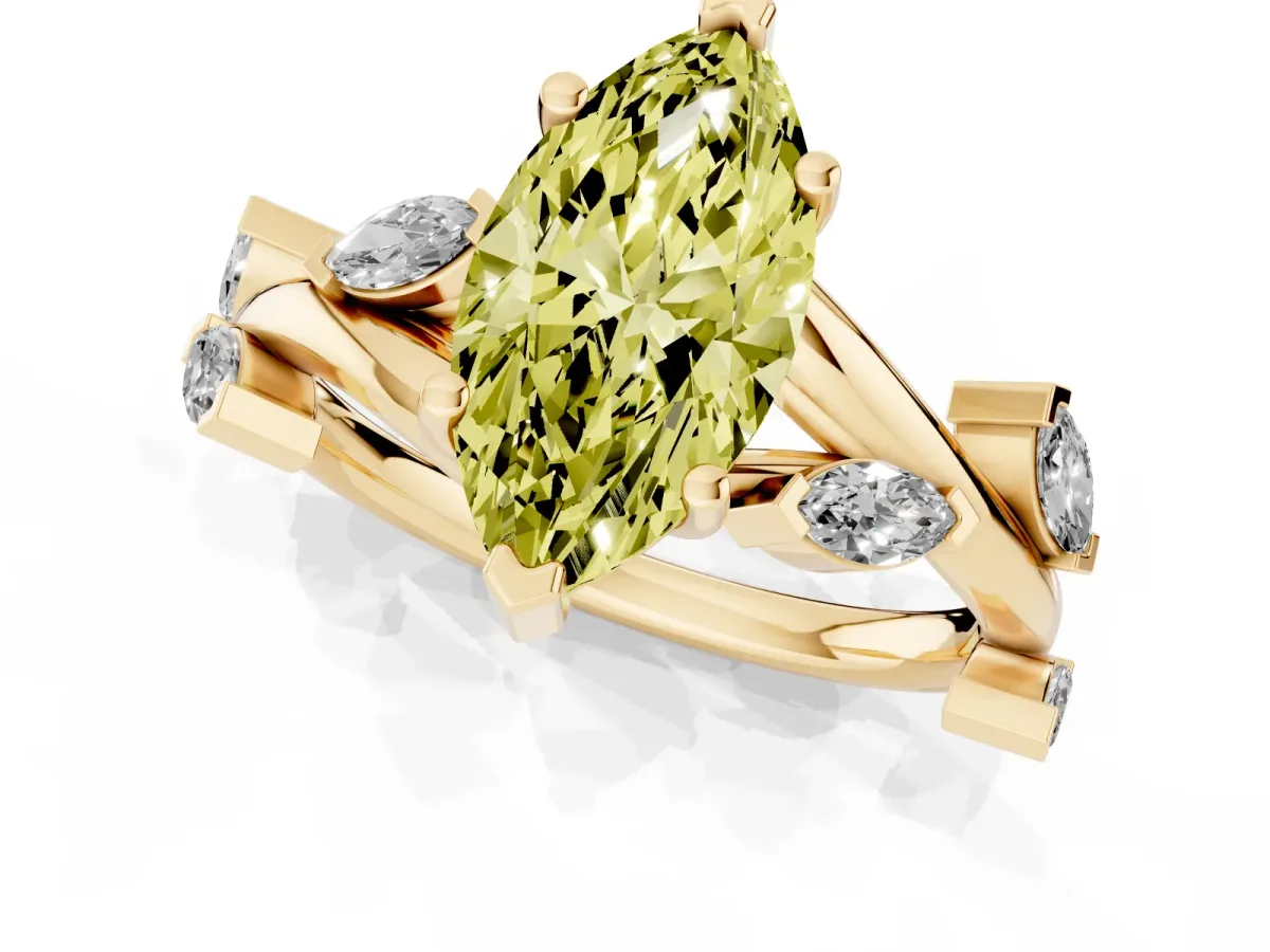 Fancy Yellow Marquise Cut Solitaire Twisted Band Marquise Accent Prong Setting Ring Yellow gold