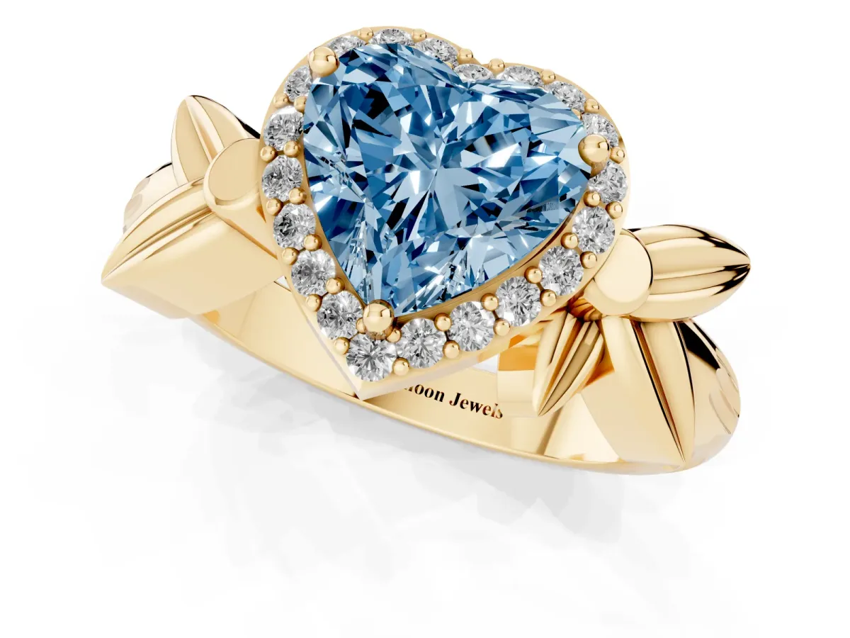 Fancy Blue Heart Cut Halo Diamond Floral Band with Four-Prong Setting Yellow gold