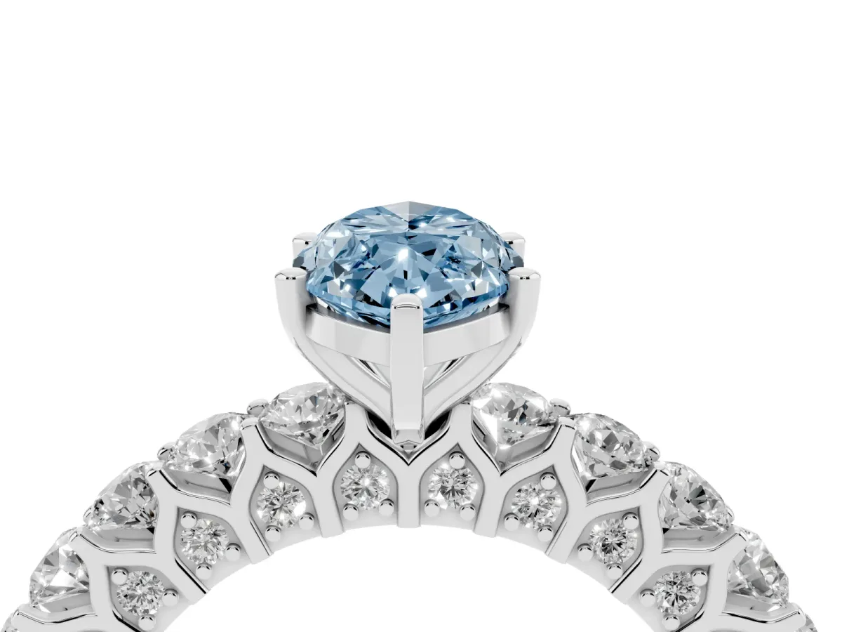 Fancy Blue Marquise Cut Diamond Solitaire Ring with Shared Prong Pavé Band and Four-Prong Setting Silver