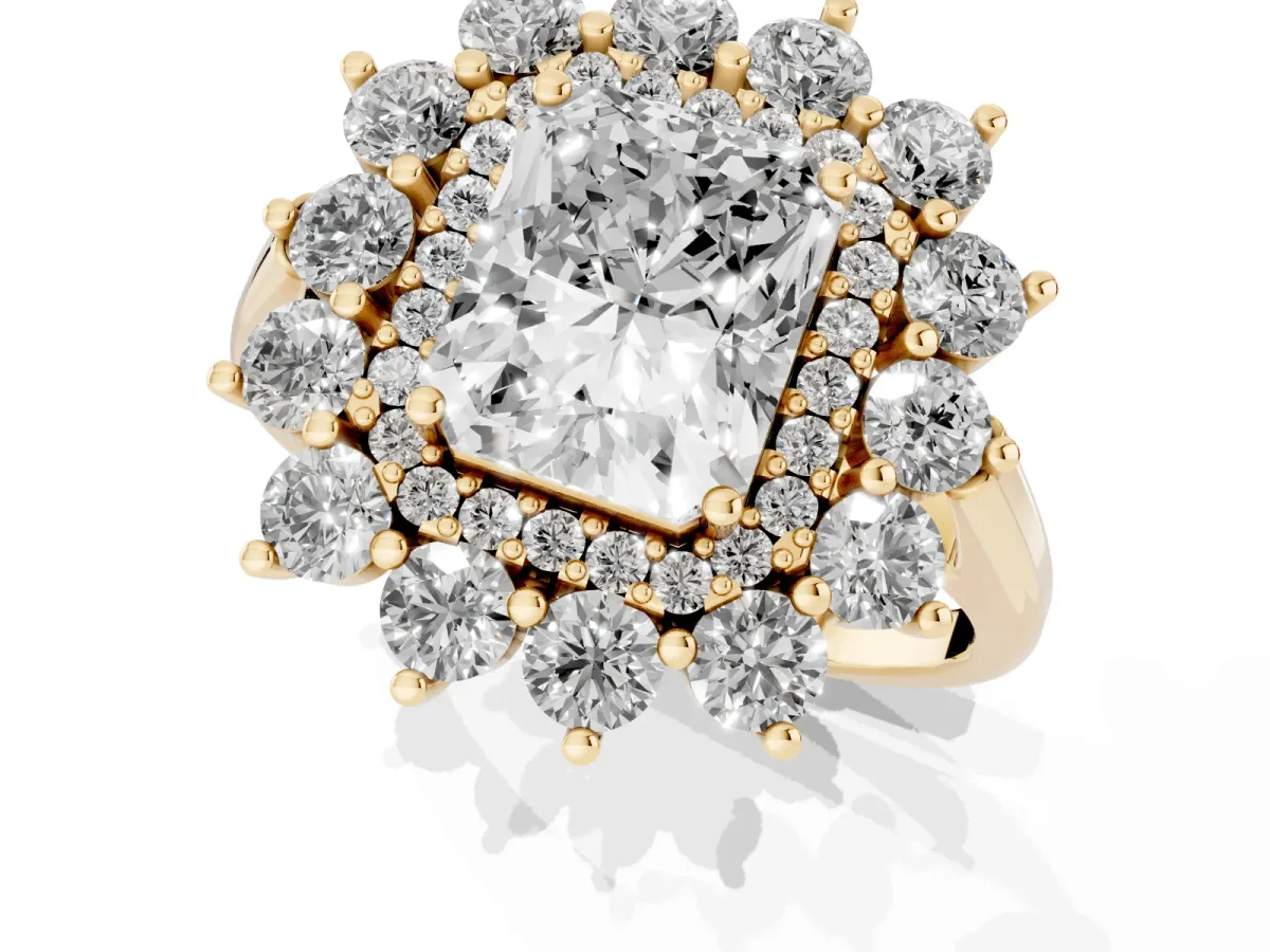 Radiant Cut Diamond Floral Double Halo Engagement Ring with Prong Setting Yellow gold