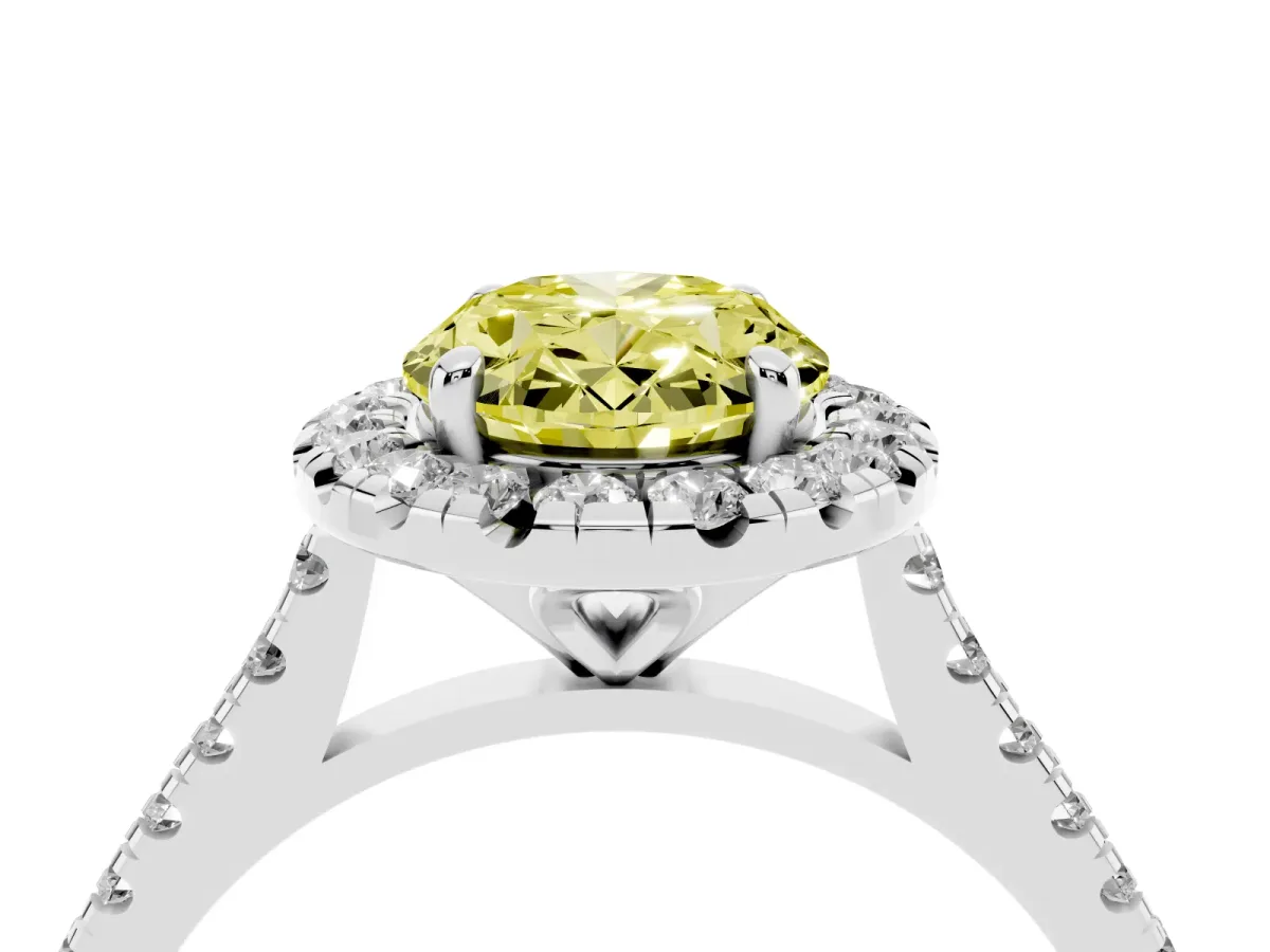 Fancy Yellow Oval Cut Diamond Cushion Halo Ring with Pavé Band Silver
