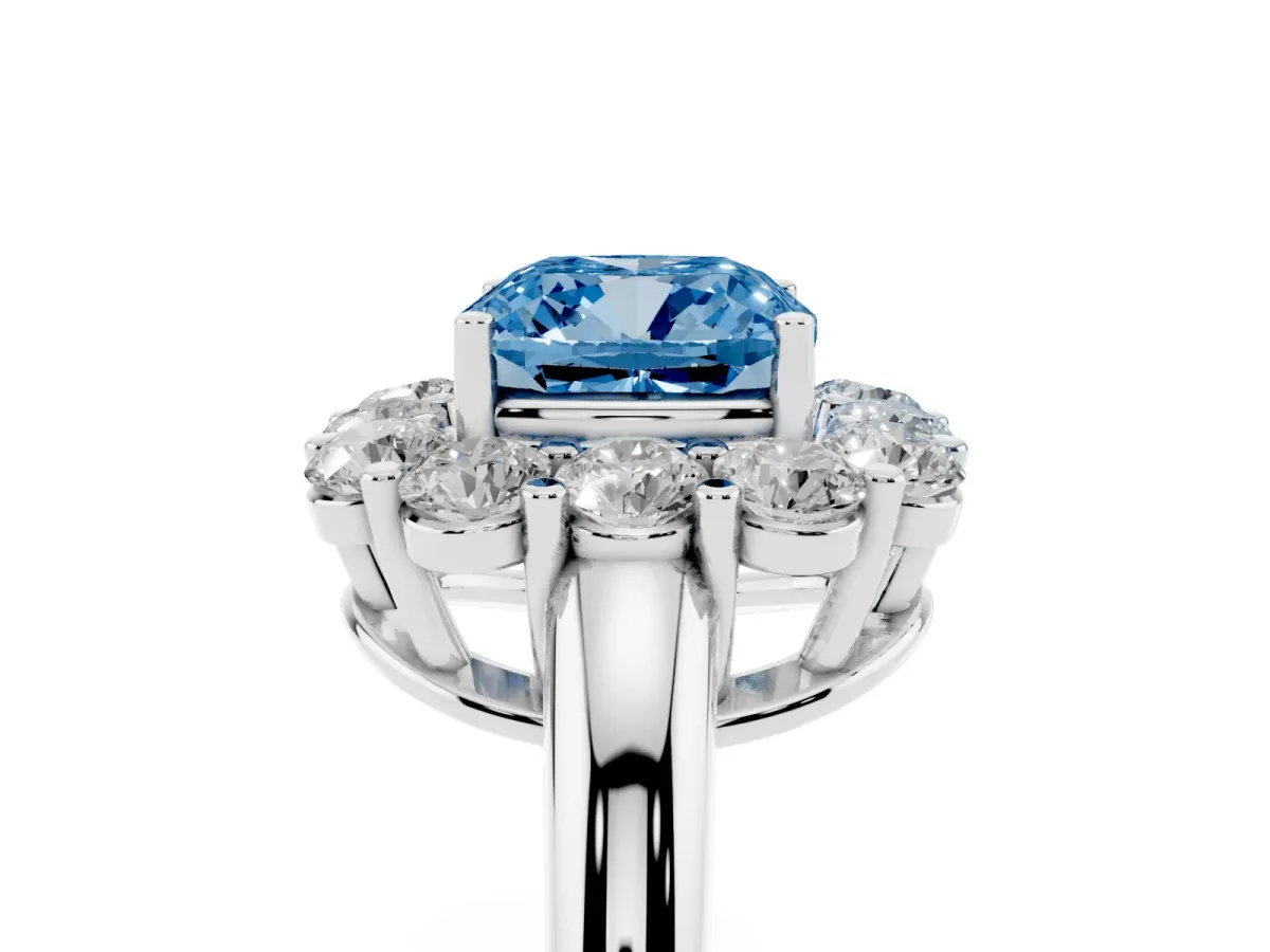 Fancy Blue Cushion Cut Halo Cluster Diamond Engagement Ring with Prong Setting and Polished Band Silver