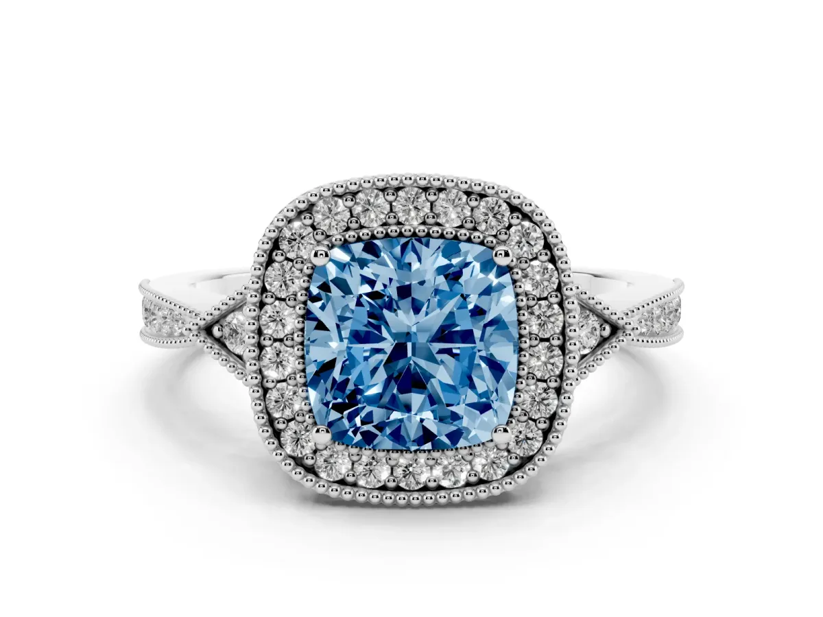 Fancy Blue Cushion Cut Halo Round Diamond Milgrain Pave Engagement Ring Platinum