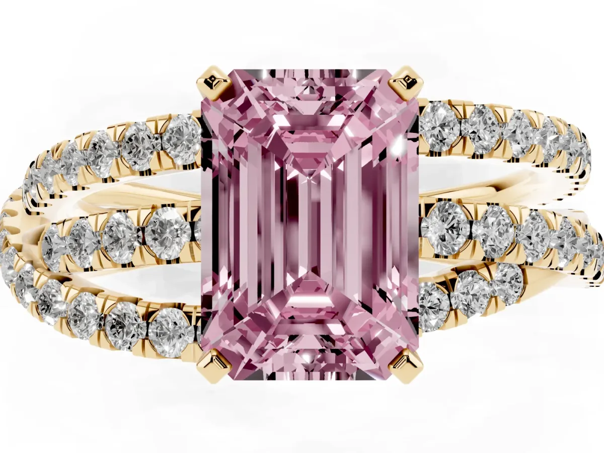 Fancy Pink Emerald Cut Solitaire Twist Band with Pavé Setting and Four-Prong Setting Yellow gold