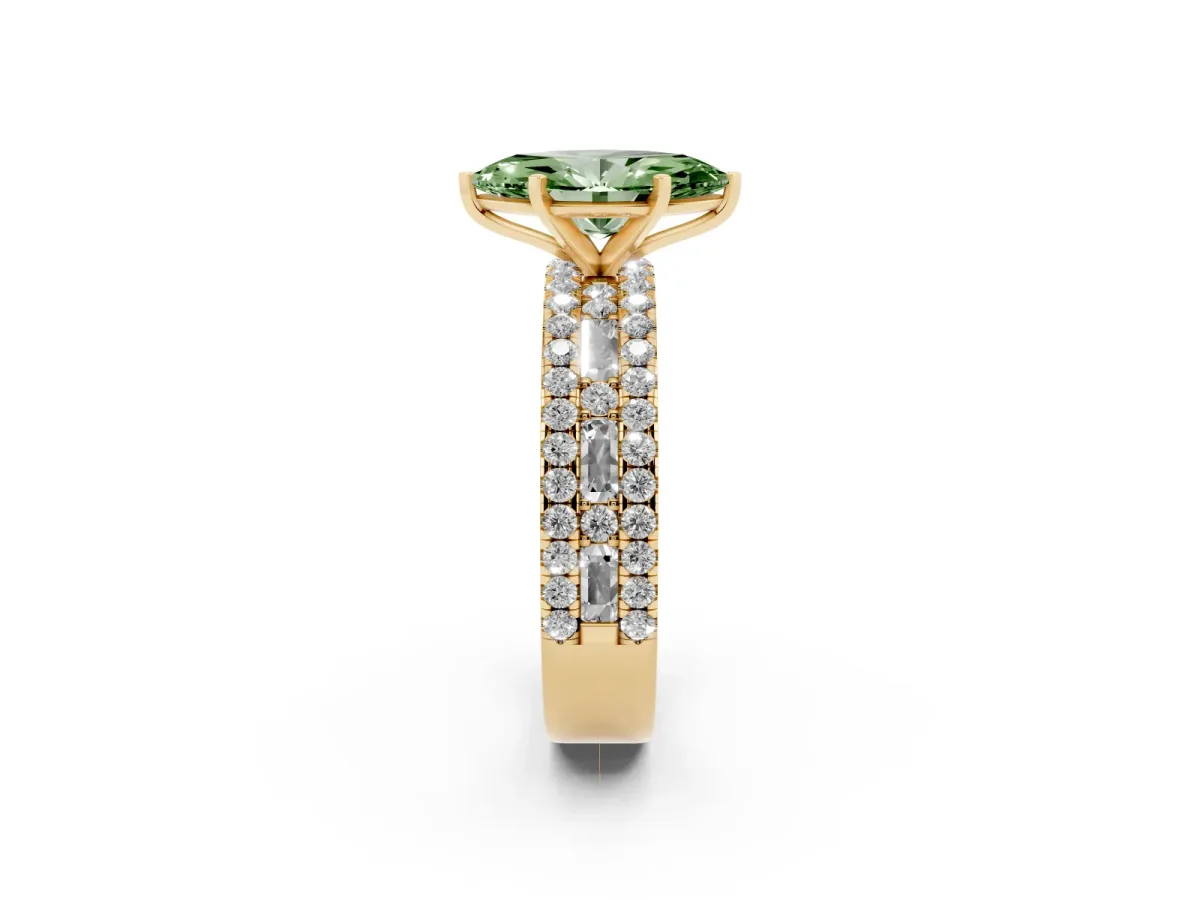 Fancy Green Marquise Cut Diamond Solitaire Ring with Pavé and Channel Set Band Yellow gold