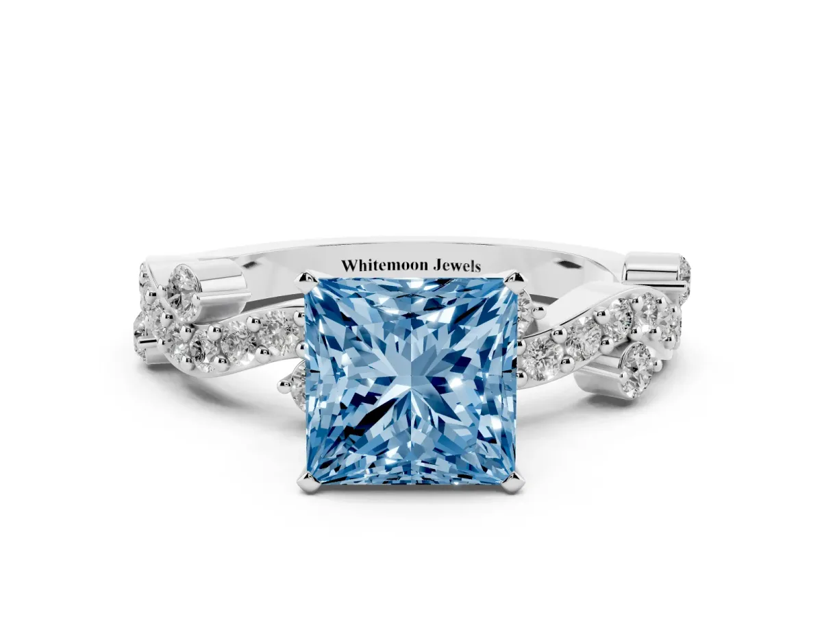 Fancy Blue Princess Cut Cut Solitaire Diamond Twisted Band with Pave Setting Silver