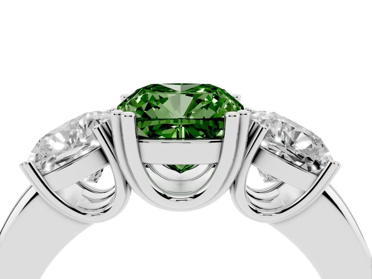 Fancy Green Three-Stone Cushion Cut Cut Diamond Ring with Channel Set Band and Four-Prong Setting Silver