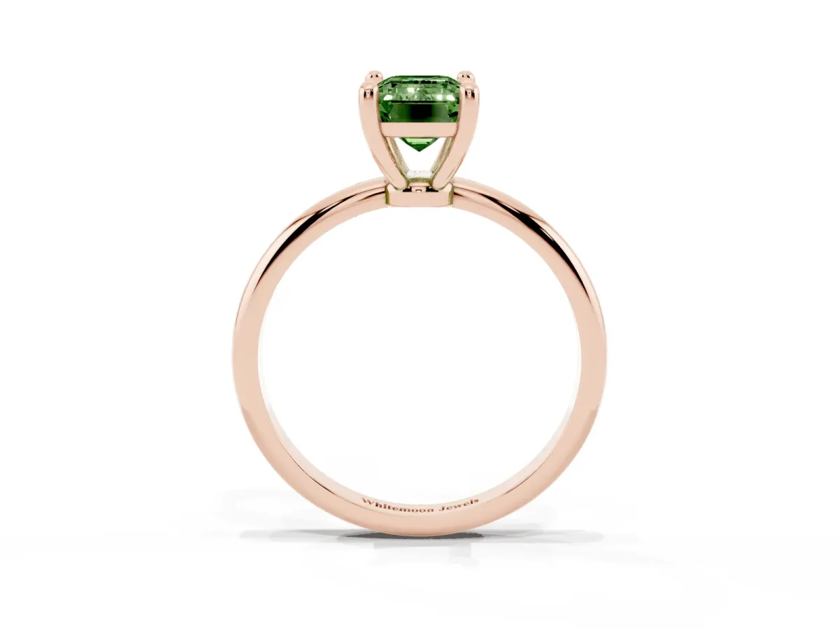 Fancy Green Emerald Cut Solitaire Diamond Ring with 4-Prong Setting on a Classic Band Rose gold