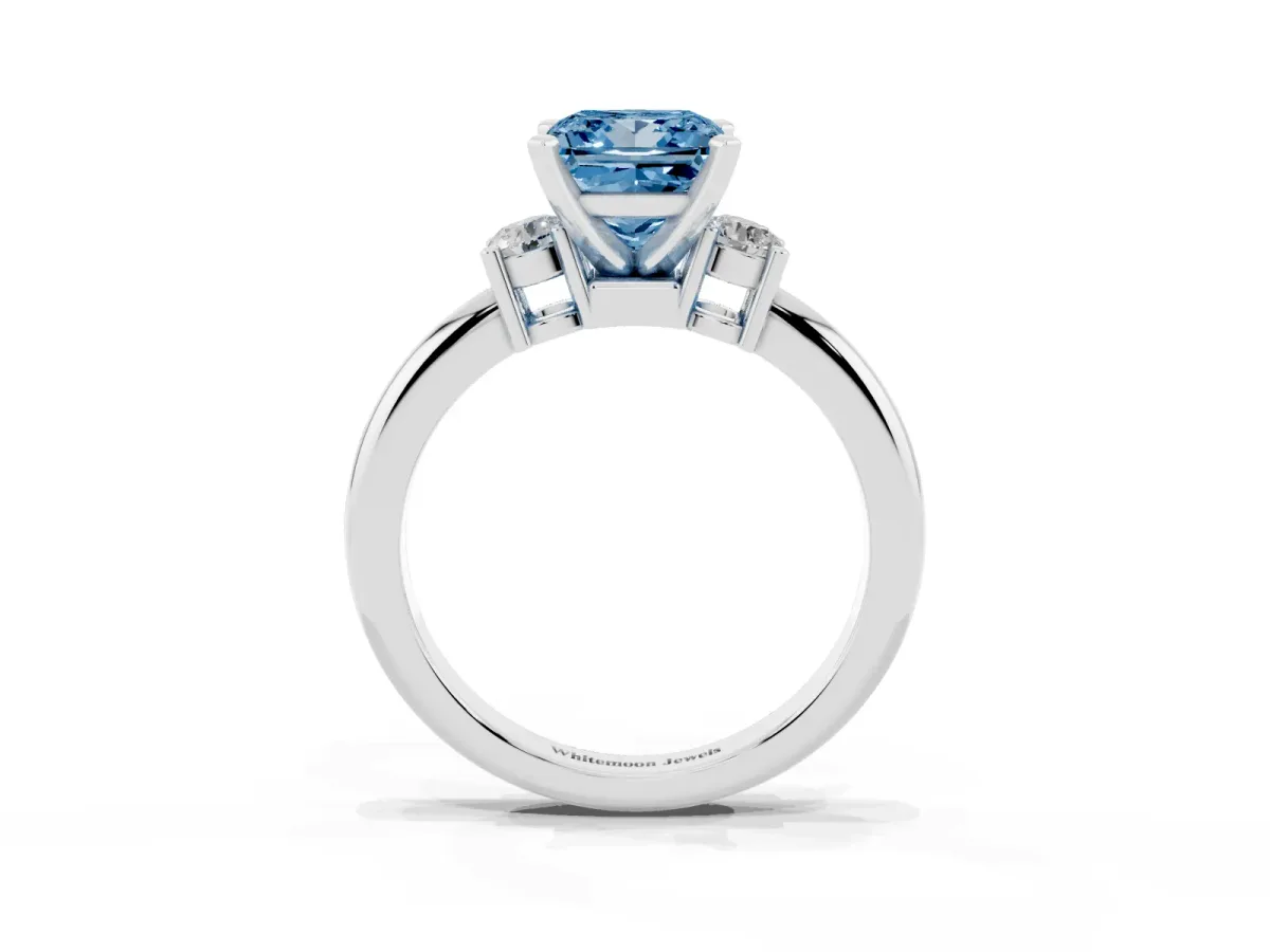 Fancy Blue Three-Stone Princess Cut Cut Diamond Solitaire with Prong Setting and Classic Band Platinum