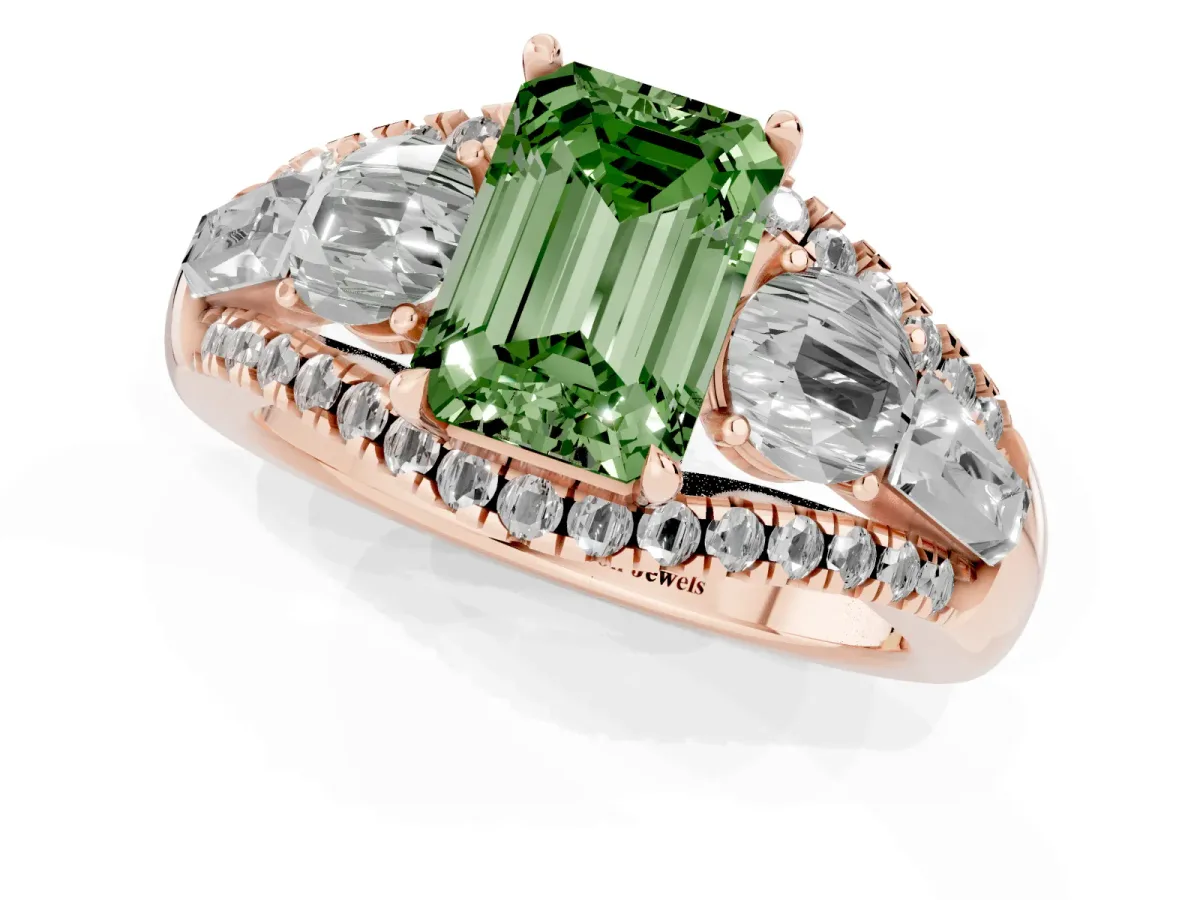 Fancy Green Three-Stone Emerald Cut Diamond Engagement Ring with Pave Band and Prong Setting Rose gold