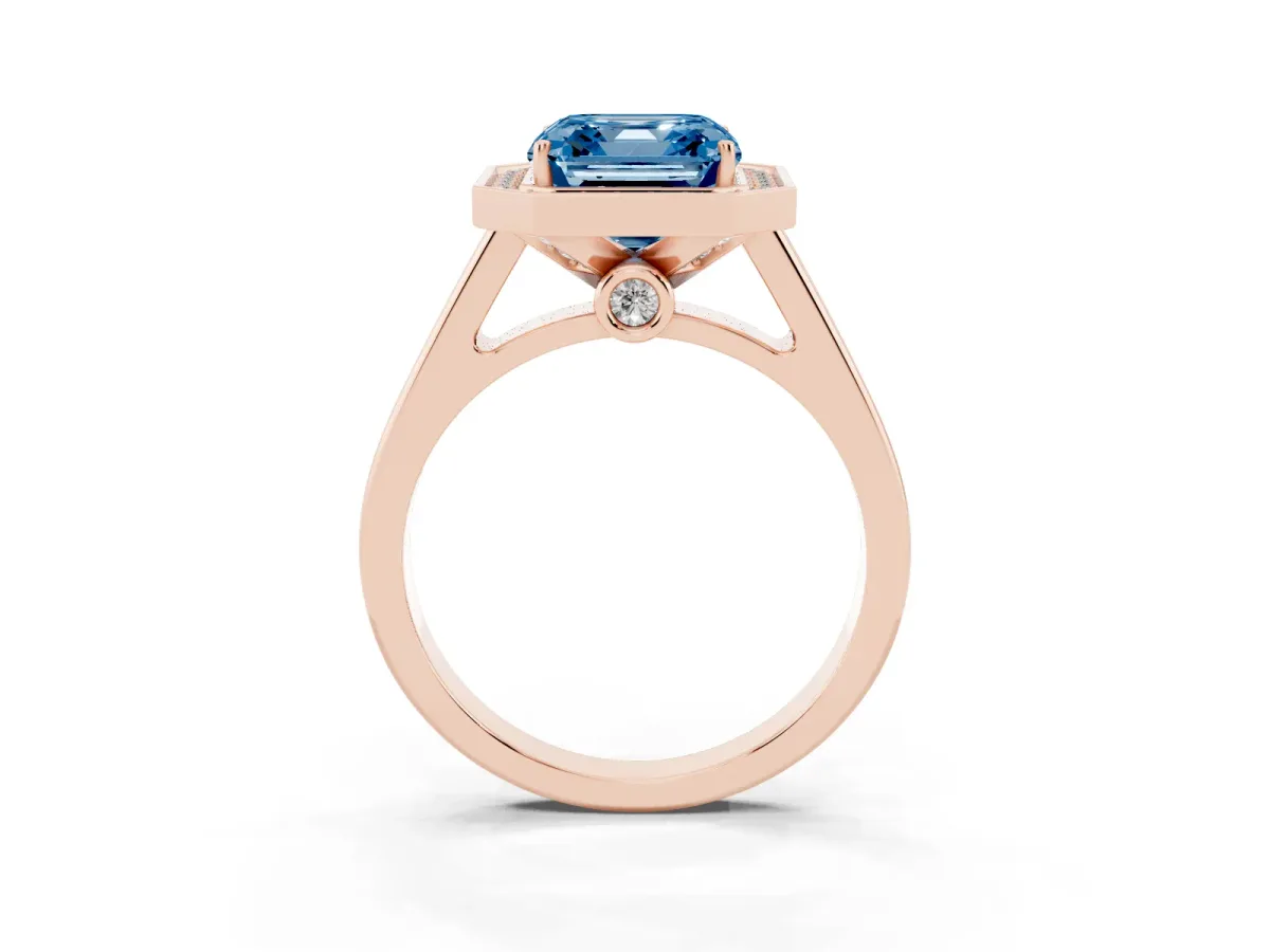 Fancy Blue Asscher Cut Halo Solitaire Diamond Ring with Pave Band and Bezel Setting Rose gold