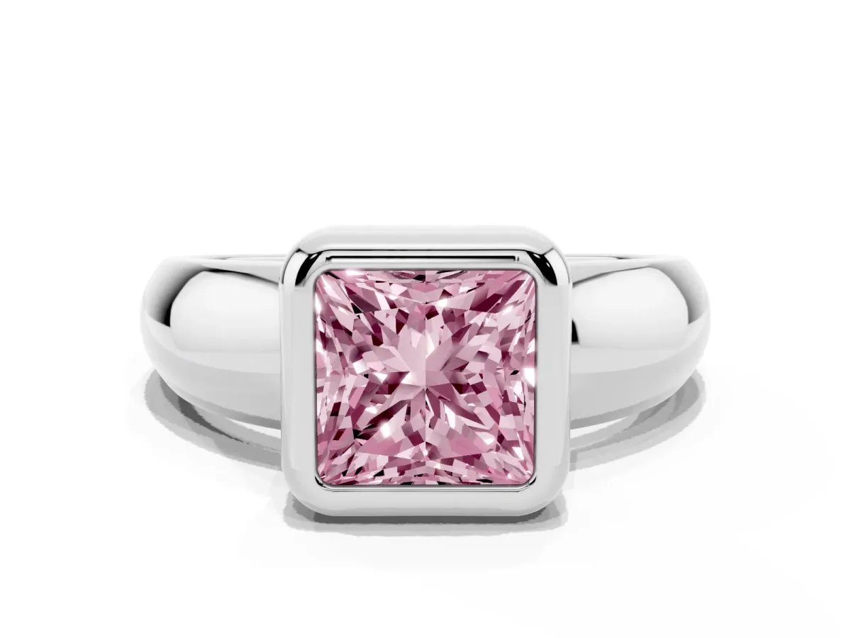 Fancy Pink Bezel Set Princess Cut Solitaire Ring with Wide Band Platinum