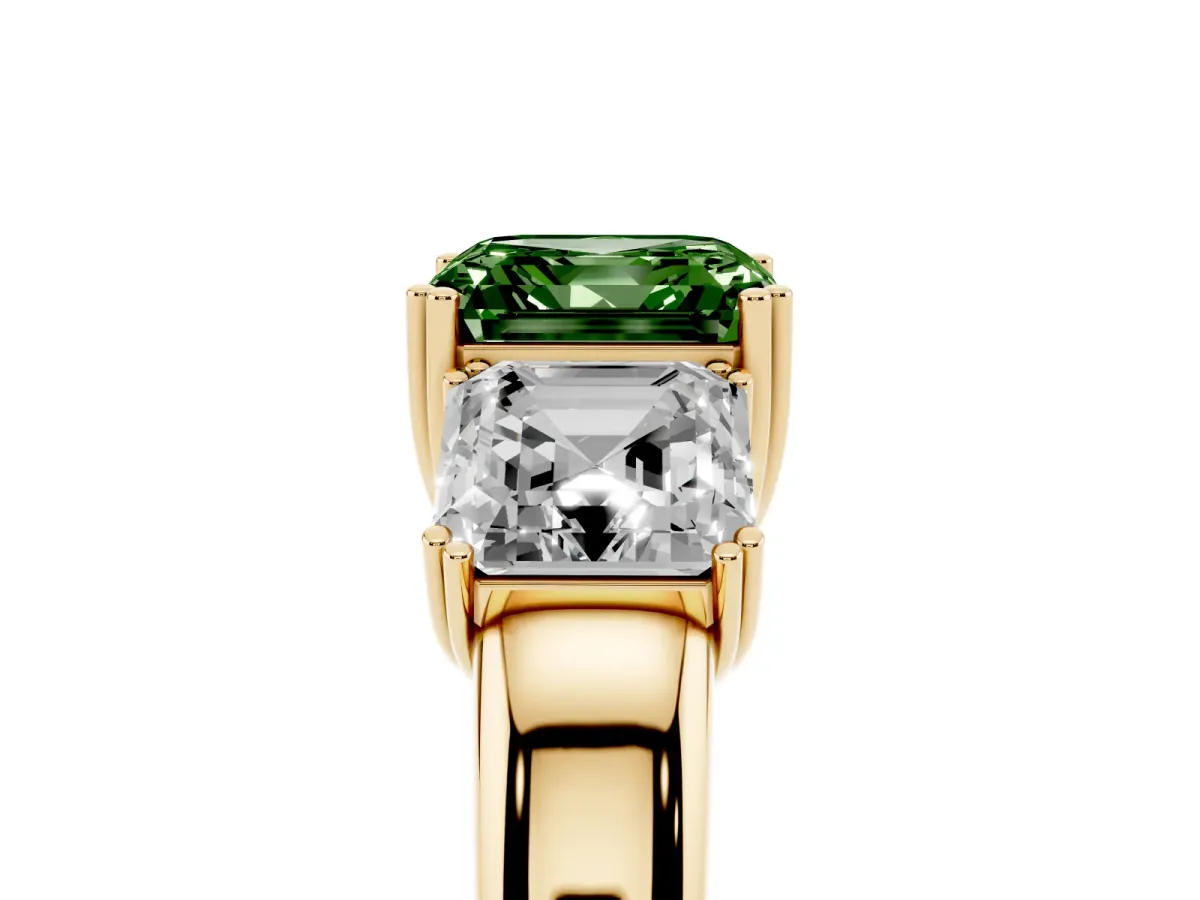 Fancy Green Three-Stone Asscher Cut Cut Diamond Ring with Channel Set Band and Four-Prong Setting Yellow gold