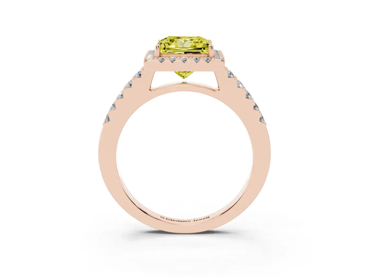 Fancy Yellow Princess Cut Halo Diamond Pavé Solitaire Ring Rose gold