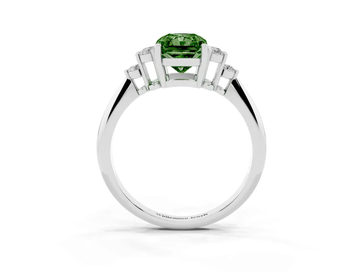 Fancy Green Radiant Cut Cut Diamond Cluster Ring with Solitaire Band and Four-Prong Setting Silver