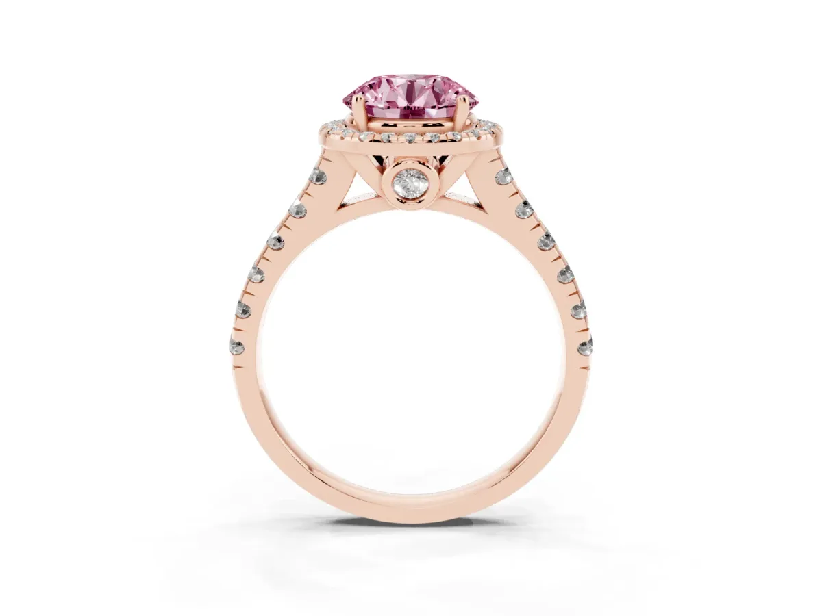 Fancy Pink Round Cut Halo Pavé Diamond Engagement Ring with Four-Prong Setting Rose gold