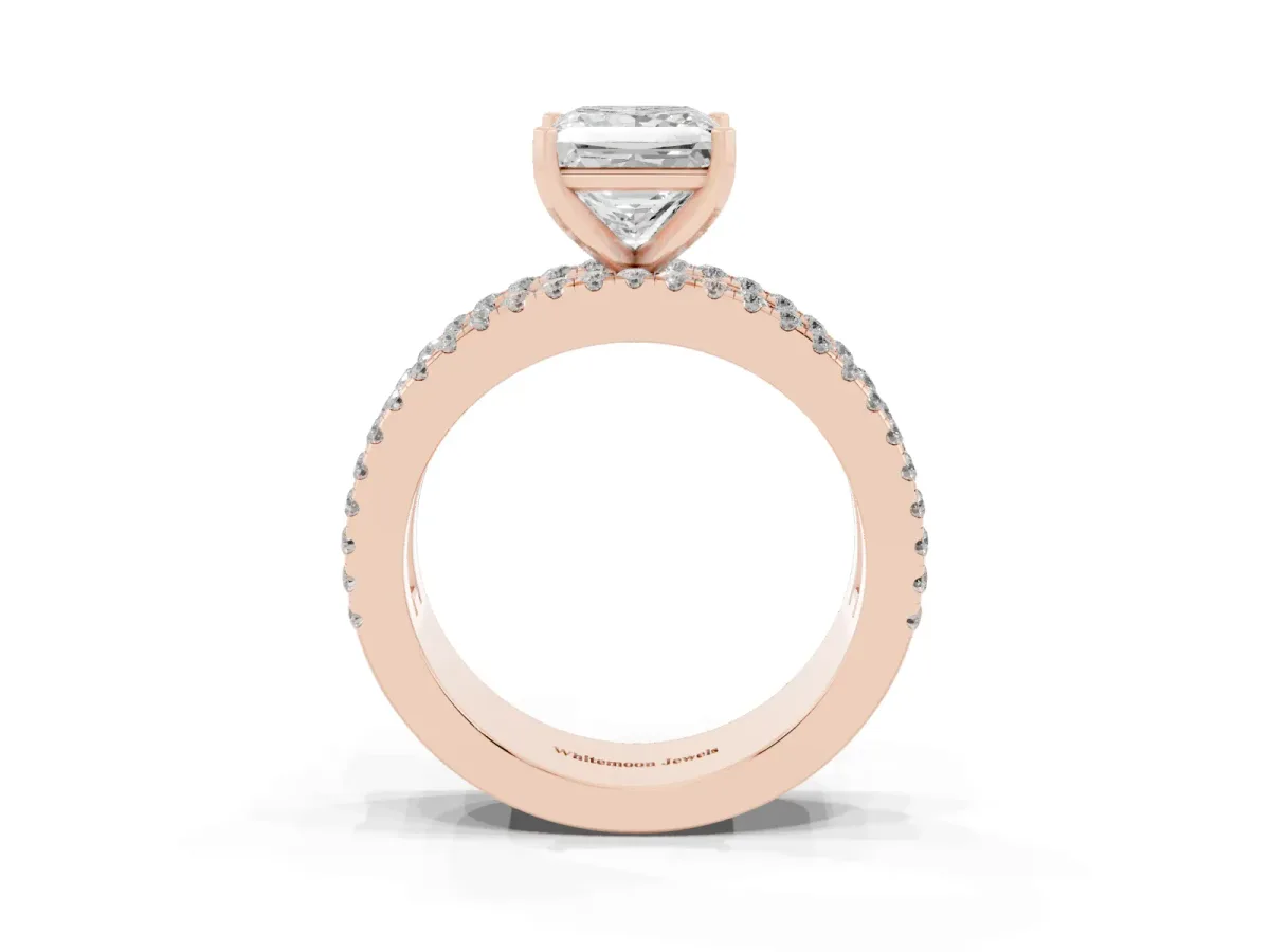 Princess Cut Diamond Solitaire Ring with Pavé and Channel Set Band Rose gold