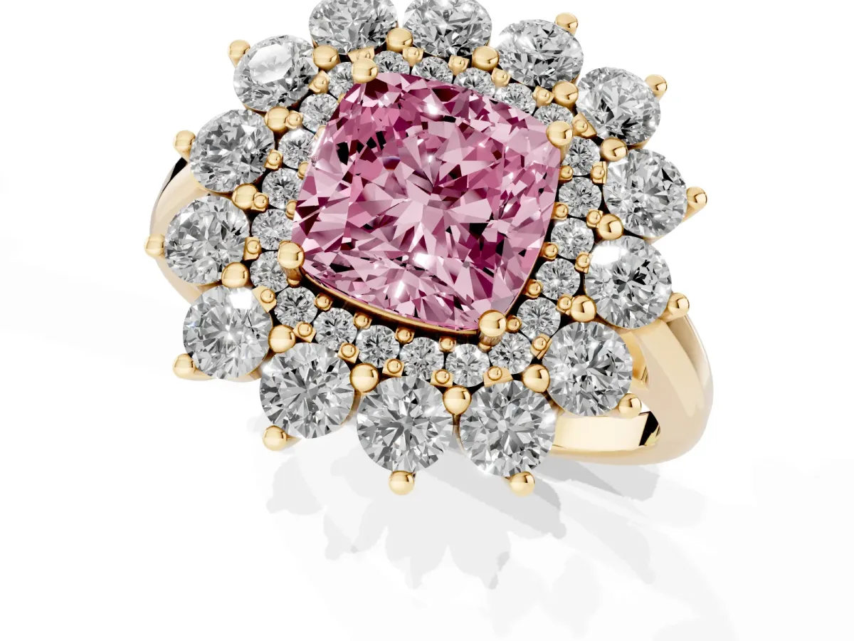 Fancy Pink Cushion Cut Diamond Floral Double Halo Engagement Ring with Prong Setting Yellow gold