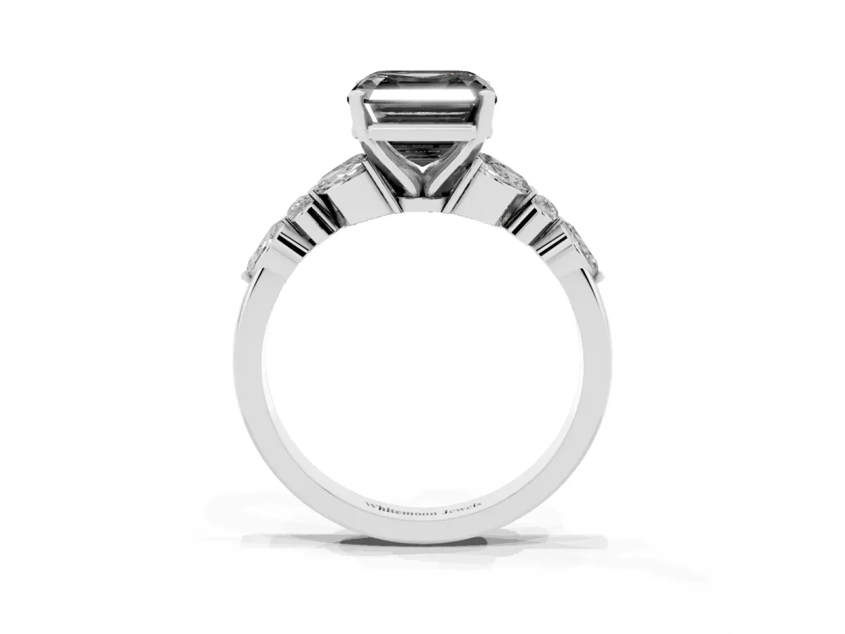 Fancy Black Asscher Cut Diamond Solitaire Ring with Side Stones and Four-Prong Setting White gold