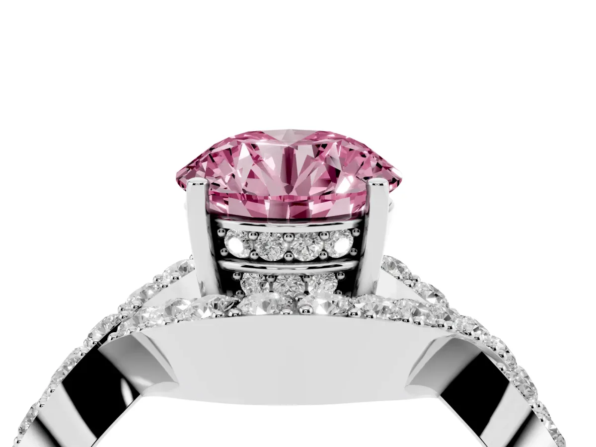 Fancy Pink Round Cut Solitaire Twist Band Pavé Diamond Engagement Ring Silver