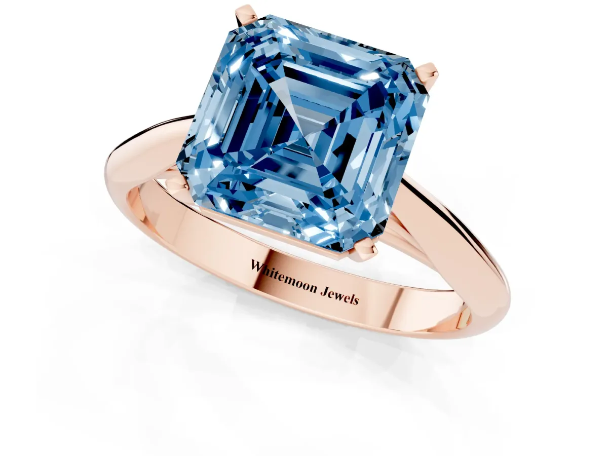 Fancy Blue Asscher Cut Diamond Solitaire Engagement Ring with Cathedral Setting and Four-Prong Mount Rose gold