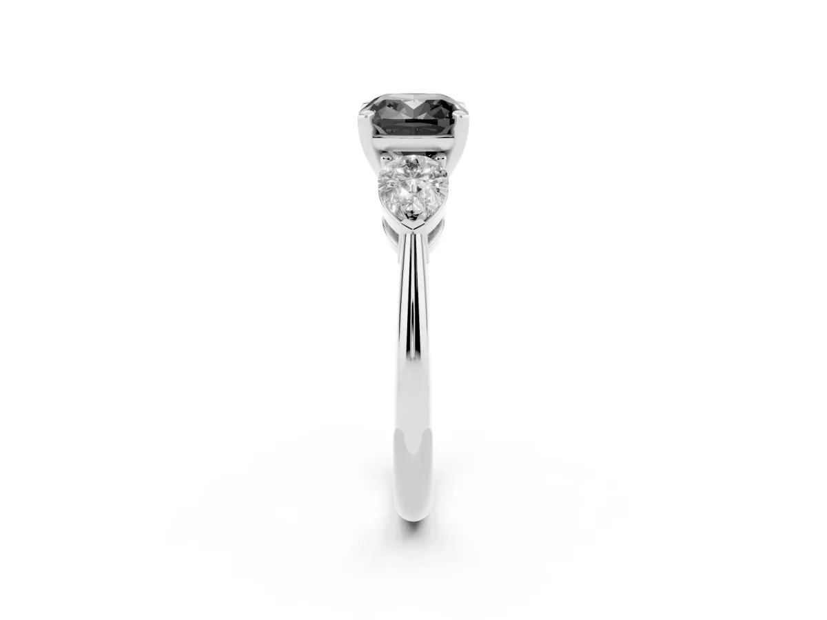 Fancy Black Three-Stone Cushion Cut Diamond Ring with Pear Side Stones and Four-Prong Setting Silver