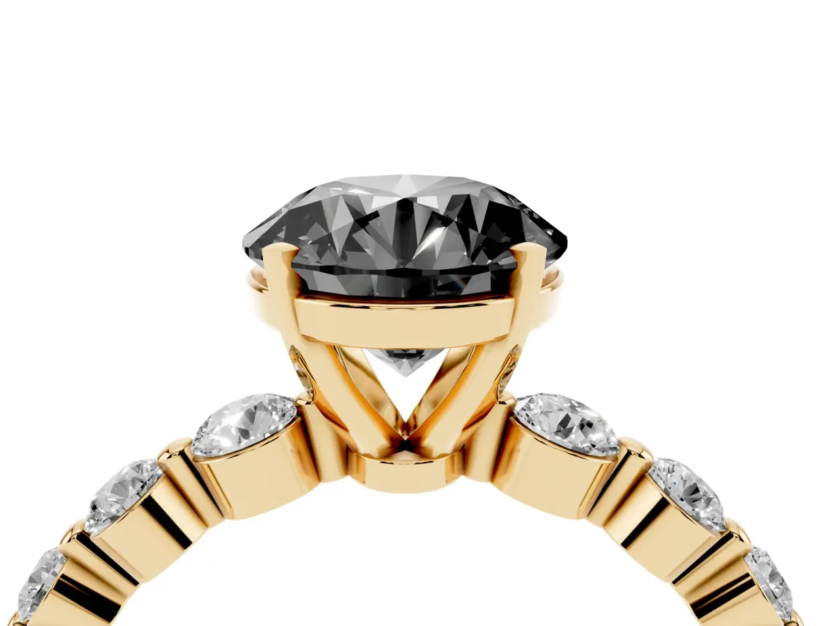 Fancy Black Round Cut Solitaire Diamond Ring with Pave Band and Four-Prong Setting Yellow gold