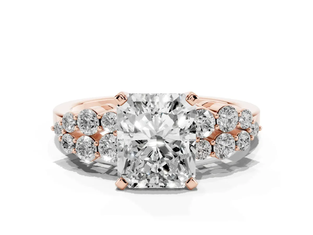 Radiant Cut Cluster Diamond Engagement Ring with Pavé Band and Four-Prong Setting Rose gold