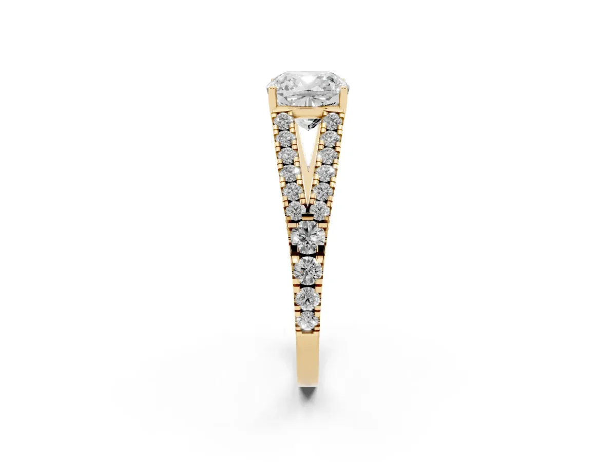 Cushion Cut Diamond Split Shank Engagement Ring with Round Pavé and Prong Setting Yellow gold