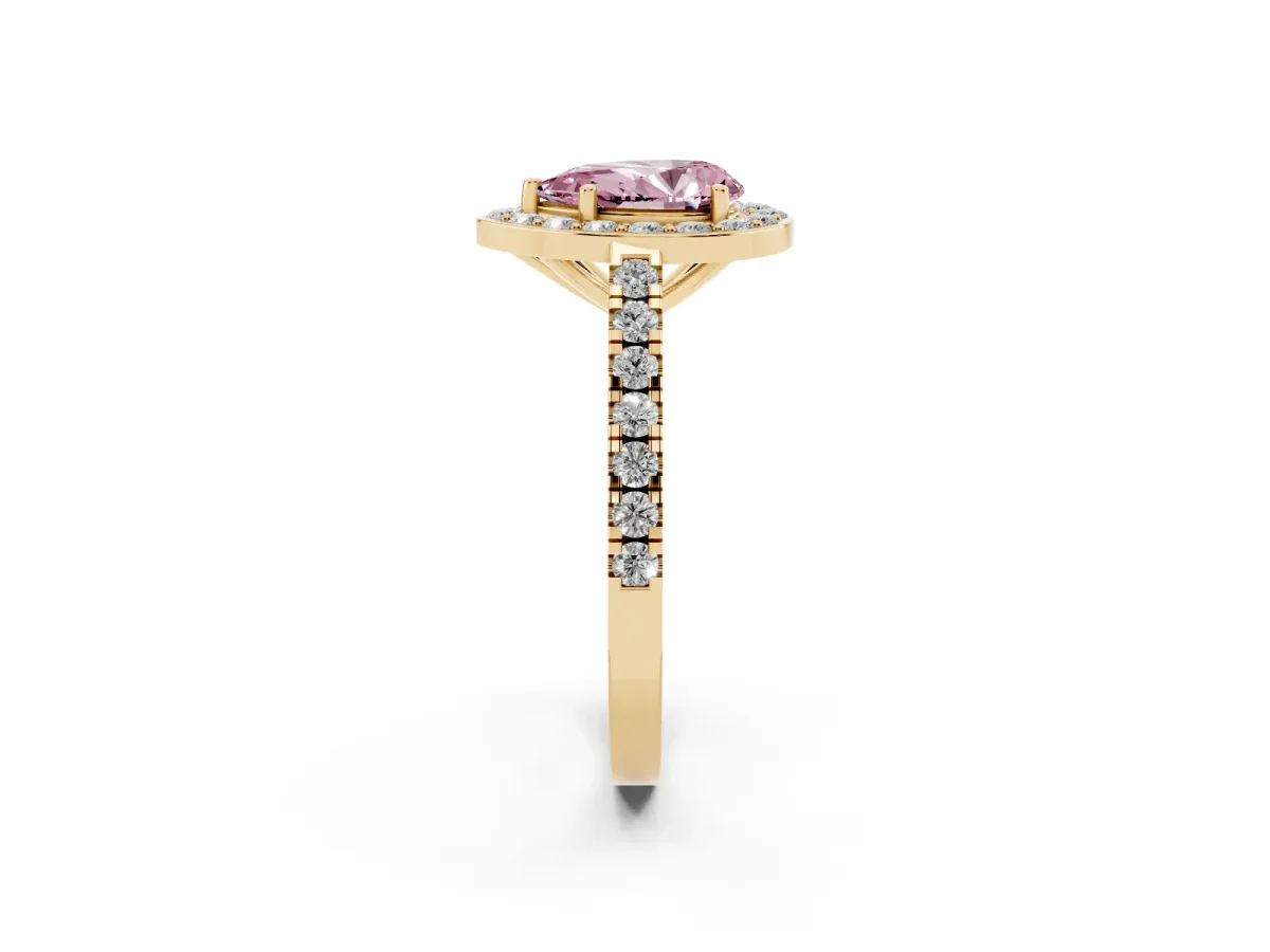 Fancy Pink Pear Cut Diamond Halo Ring with Round Pavé Split Shank and Prong Setting Yellow gold